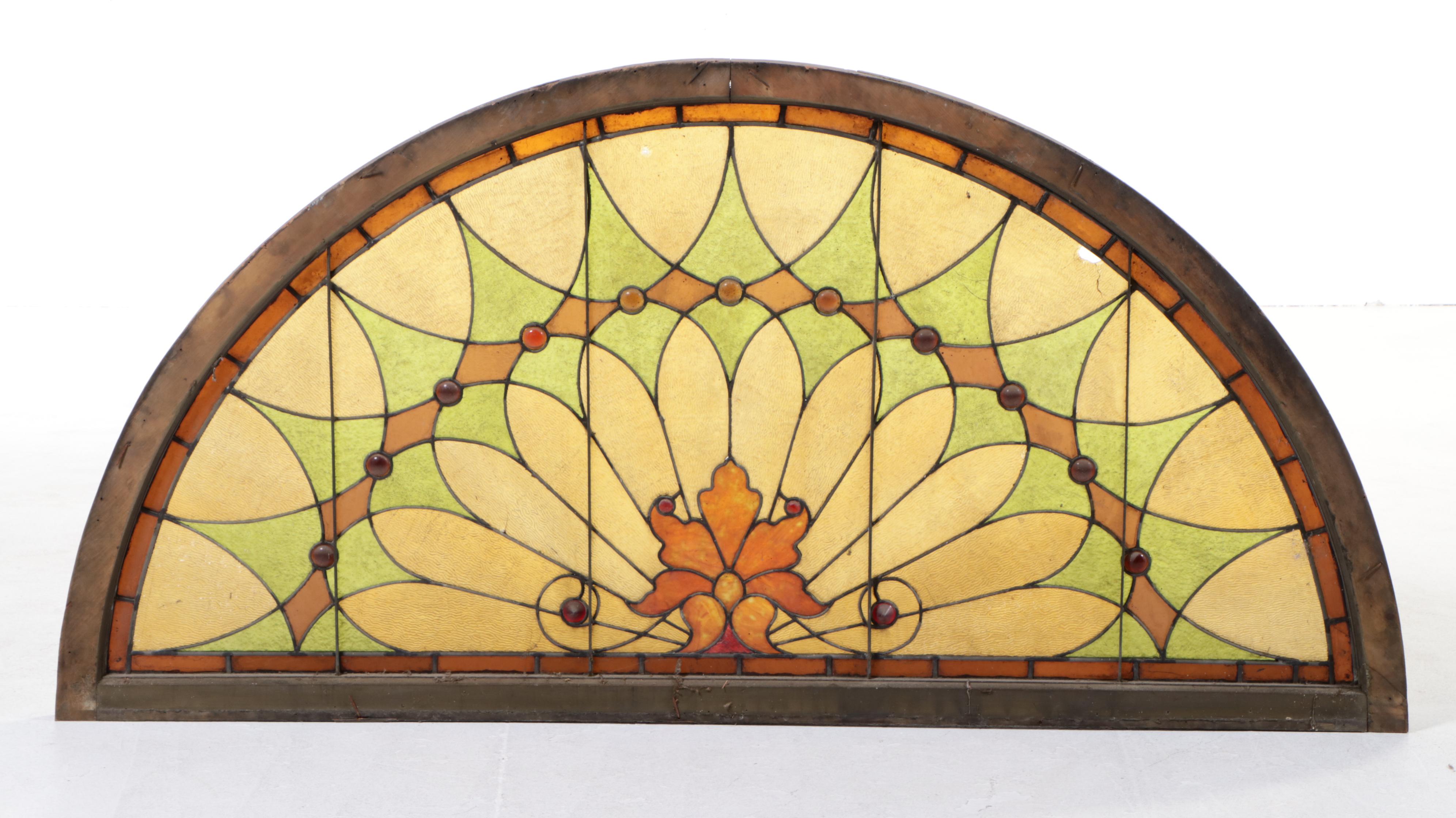 Large American Stained and Leaded Glass Arched Window Panel