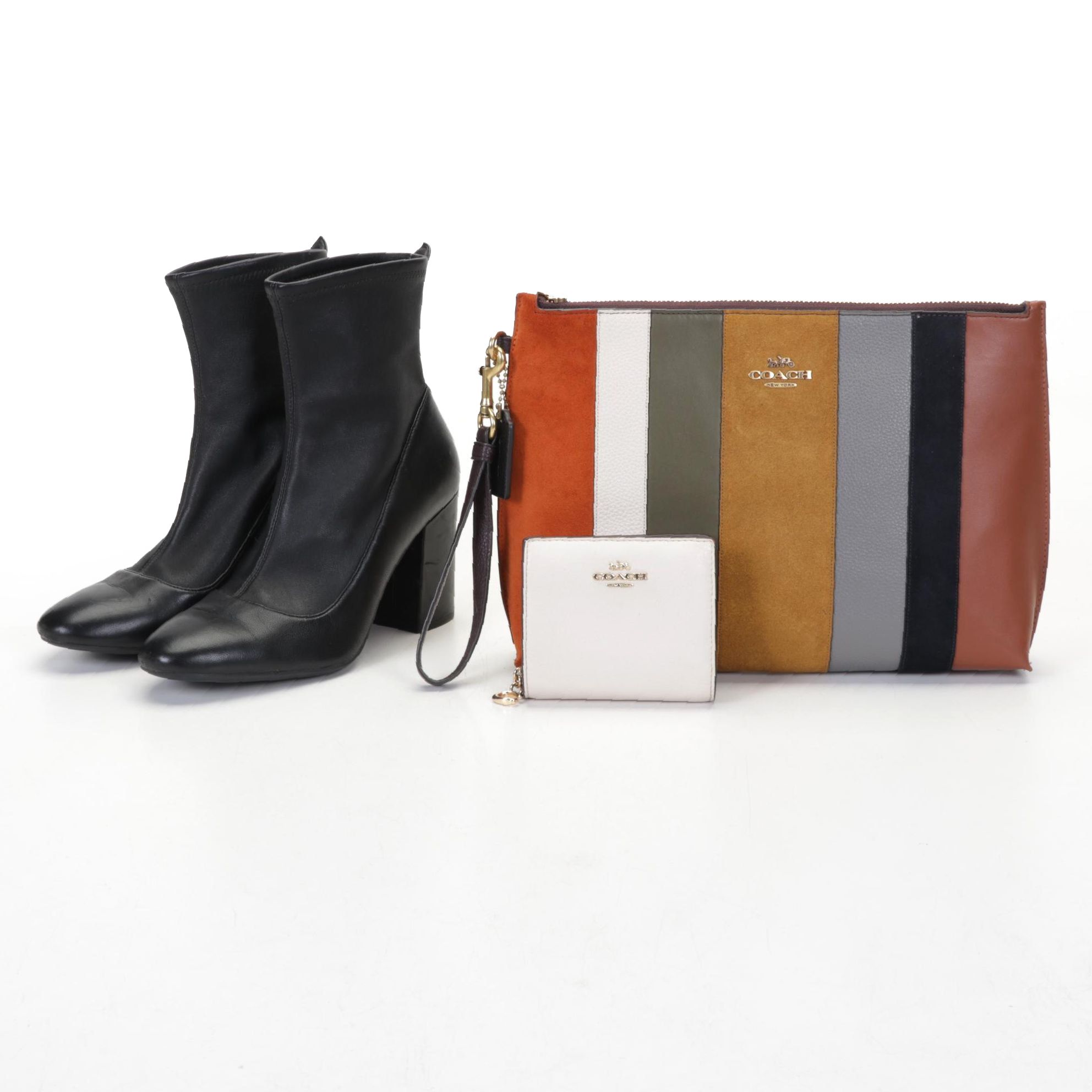 Large Coach Charlie Pouch in Patchwork Stripes, Black Gianna Booties, and Wallet