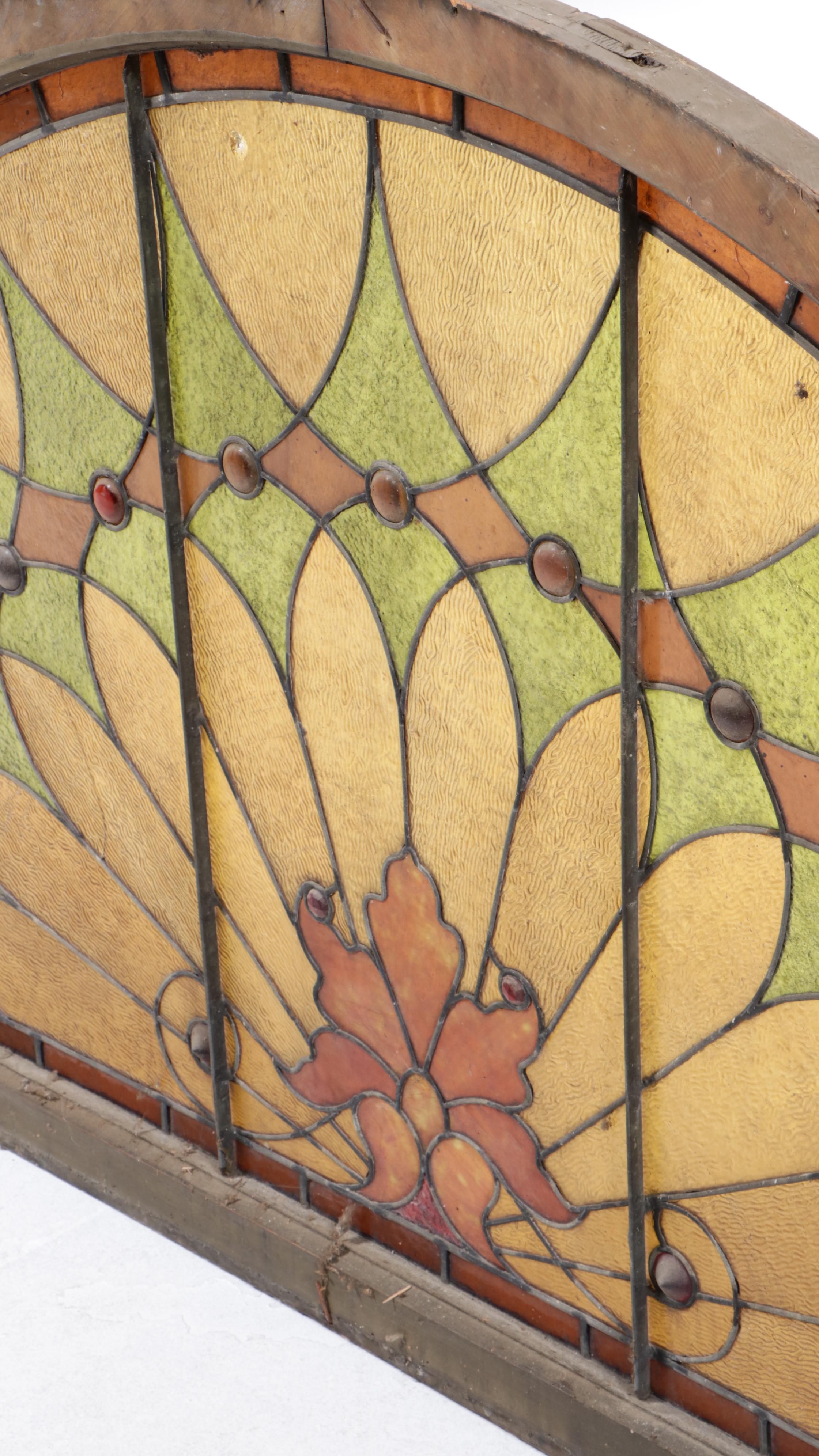 Large American Stained and Leaded Glass Arched Window Panel