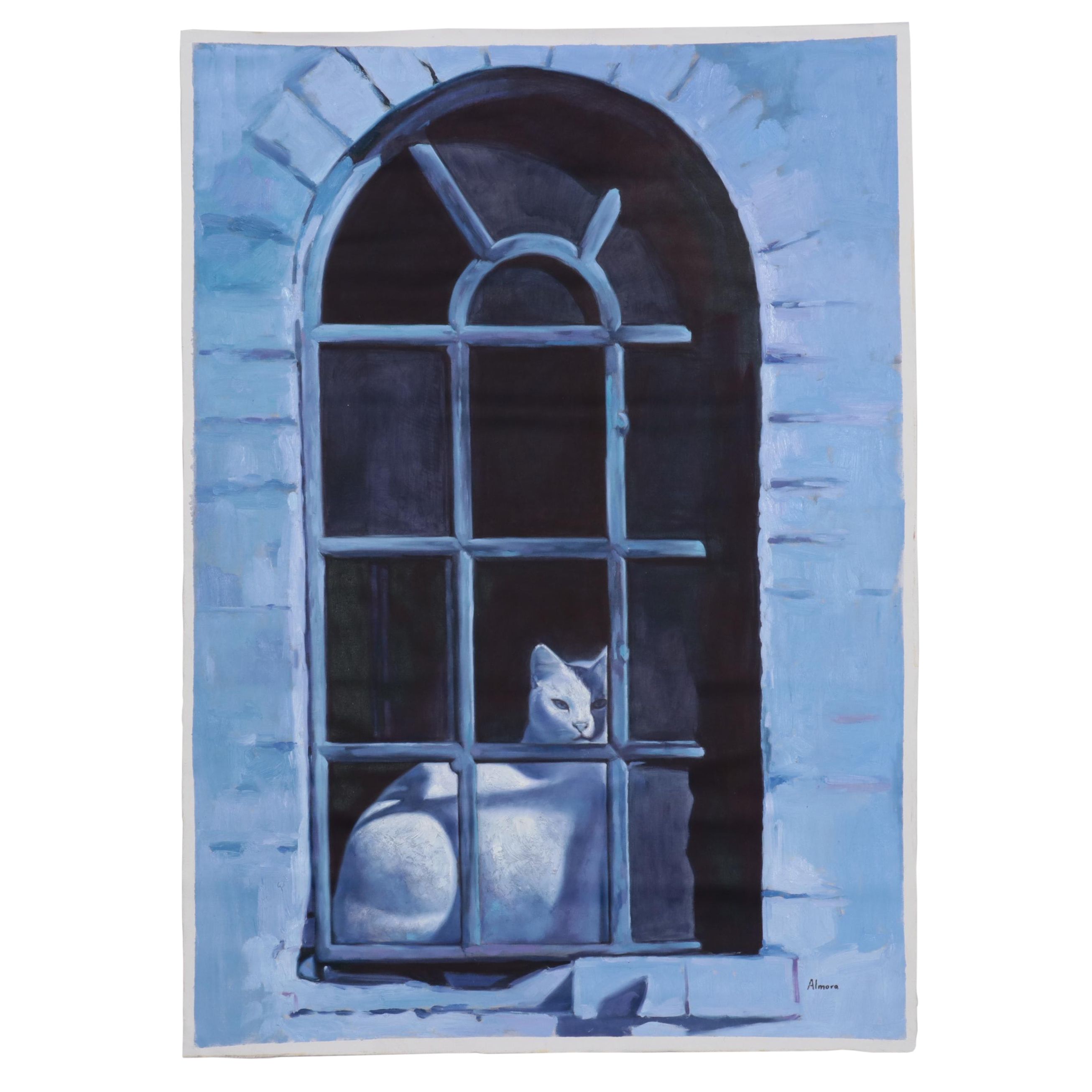 Osmel Almora Miró Oil Painting "White Cat at Night," 2023