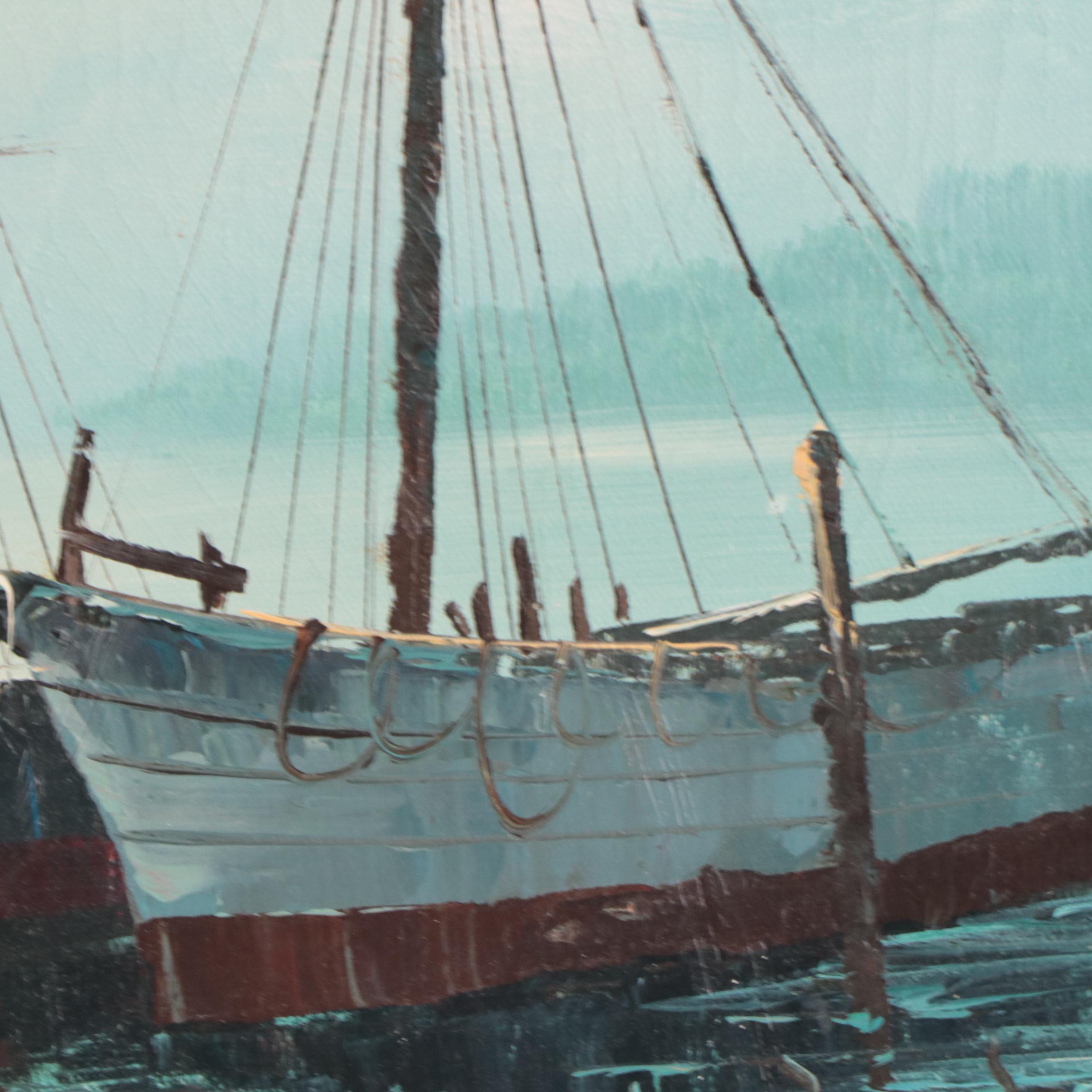 Mary Botto Wharf Scene Oil Painting, Mid-20th Century