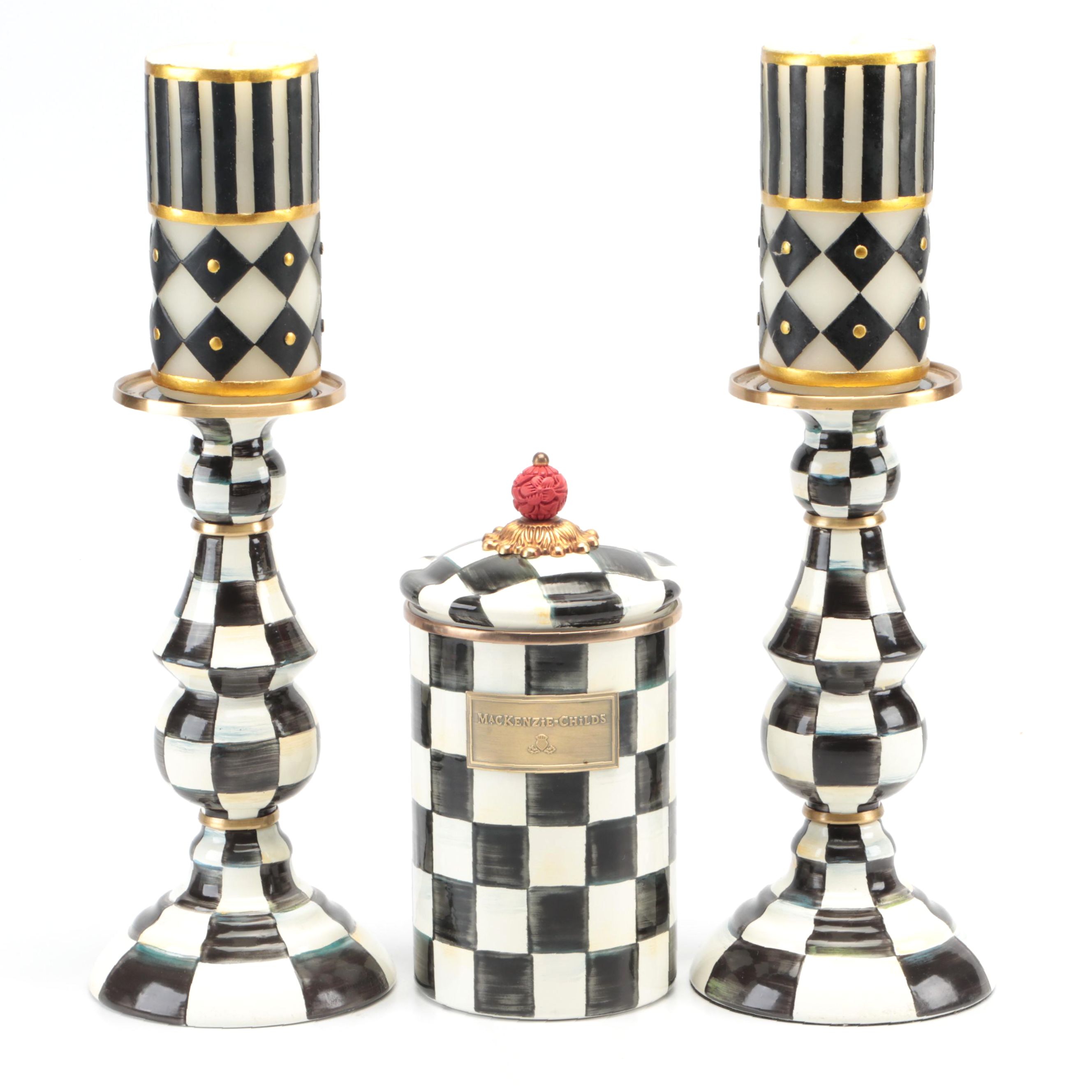 MacKenzie-Childs "Courtly Check" Pillar Candlesticks with Candles and Canister