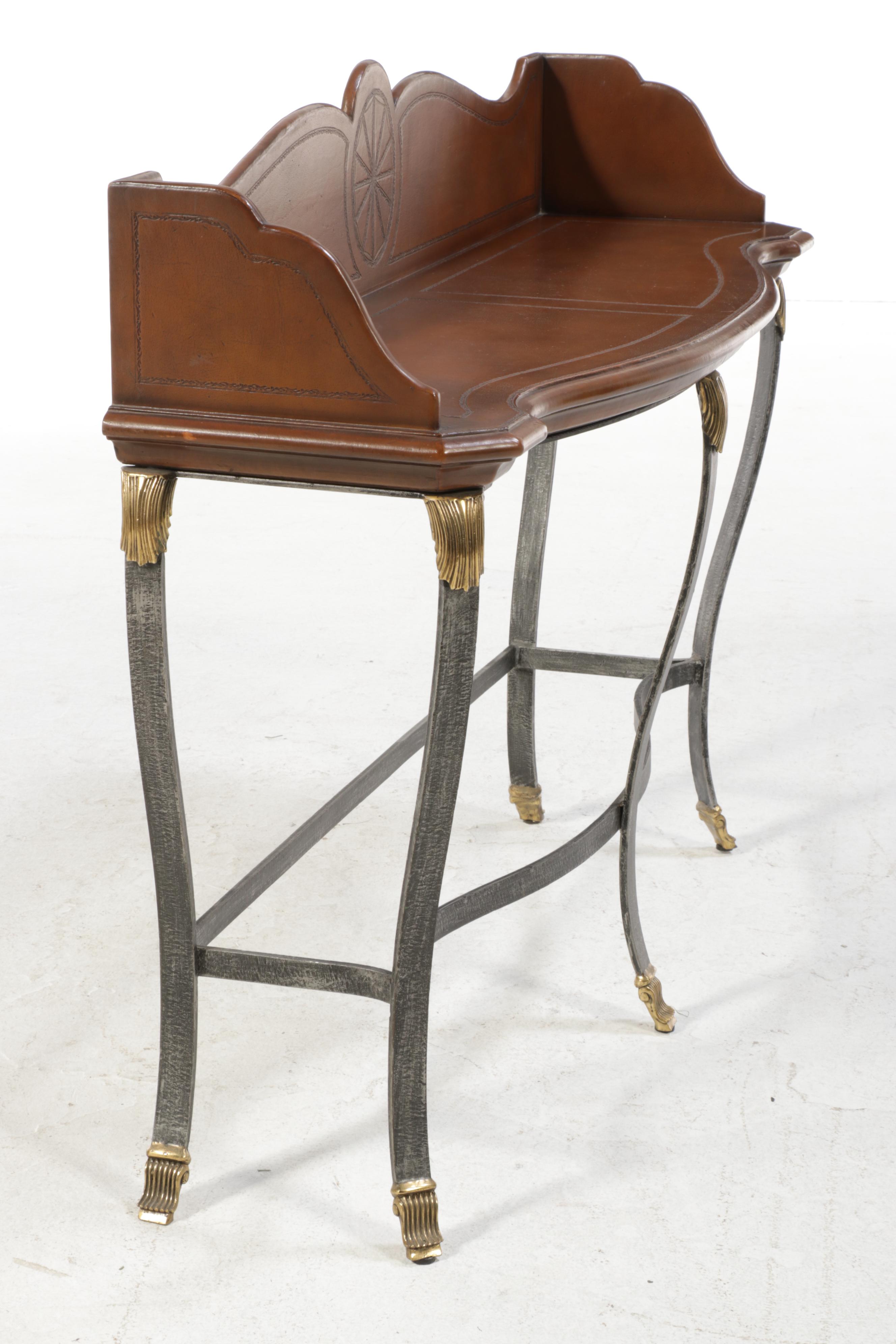 Brass-Mounted Iron and Leather-Clad Console Table, Style of Maitland-Smith