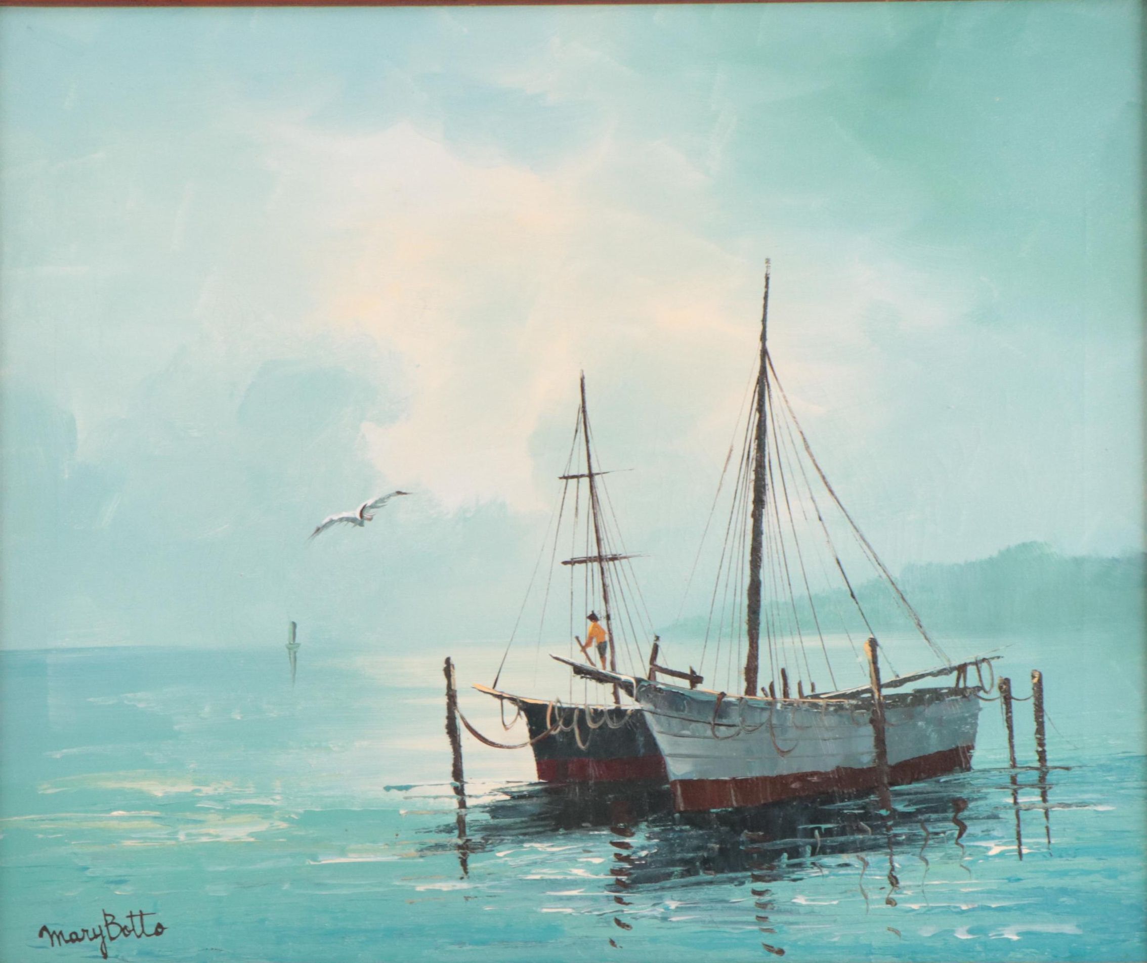 Mary Botto Wharf Scene Oil Painting, Mid-20th Century