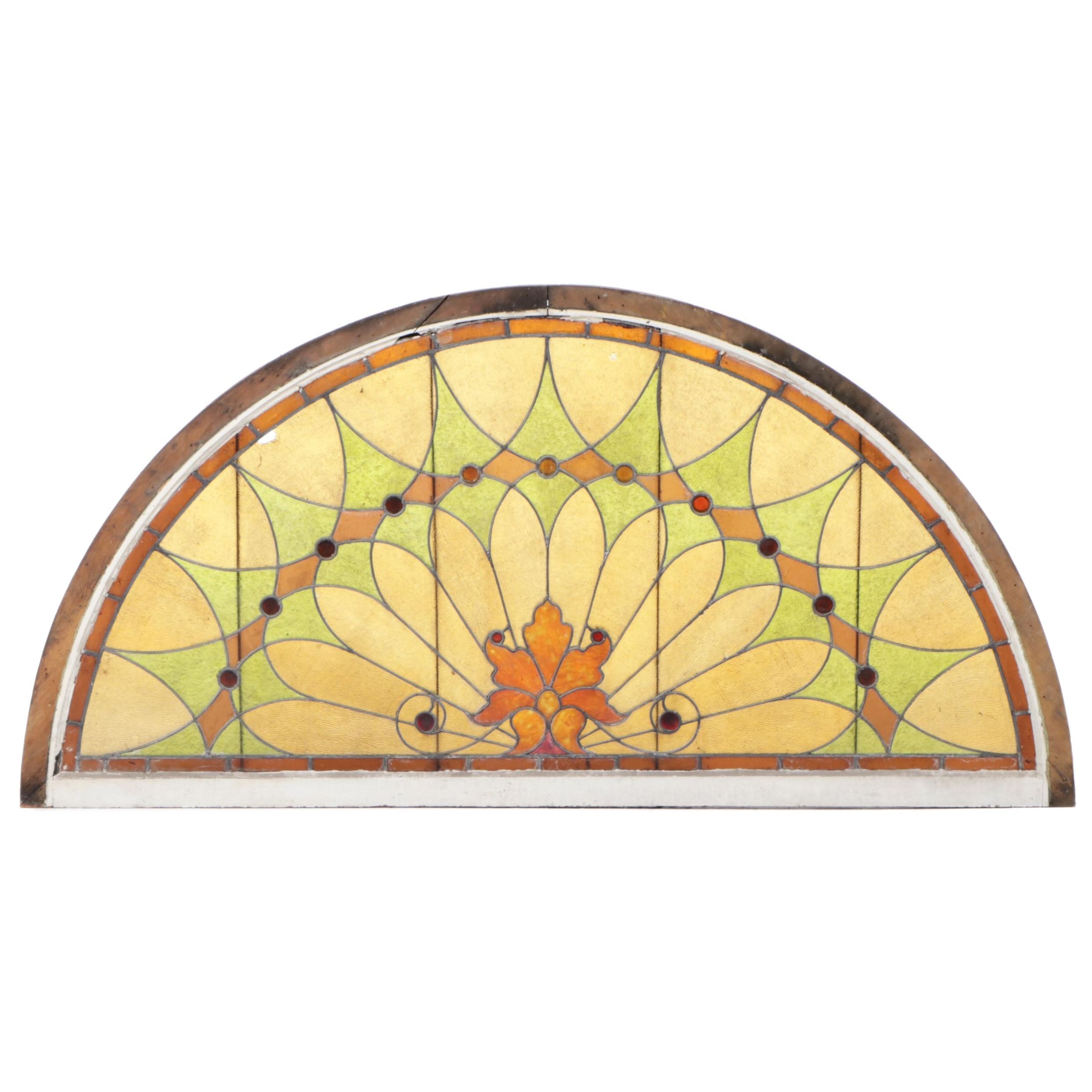 Large American Stained and Leaded Glass Arched Window Panel