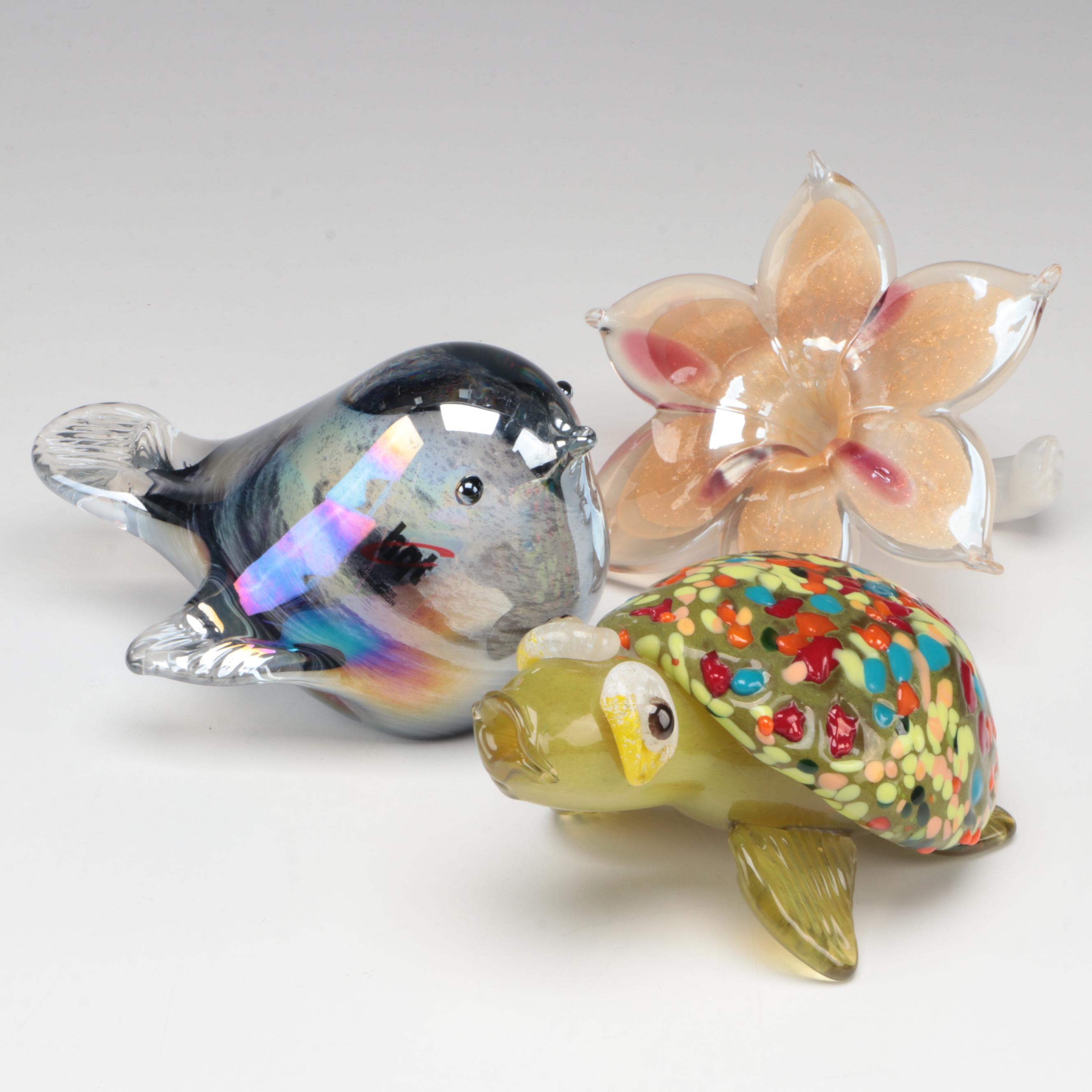 HQT Glass Bird with Other Art Glass Turtle and Flower Figurines