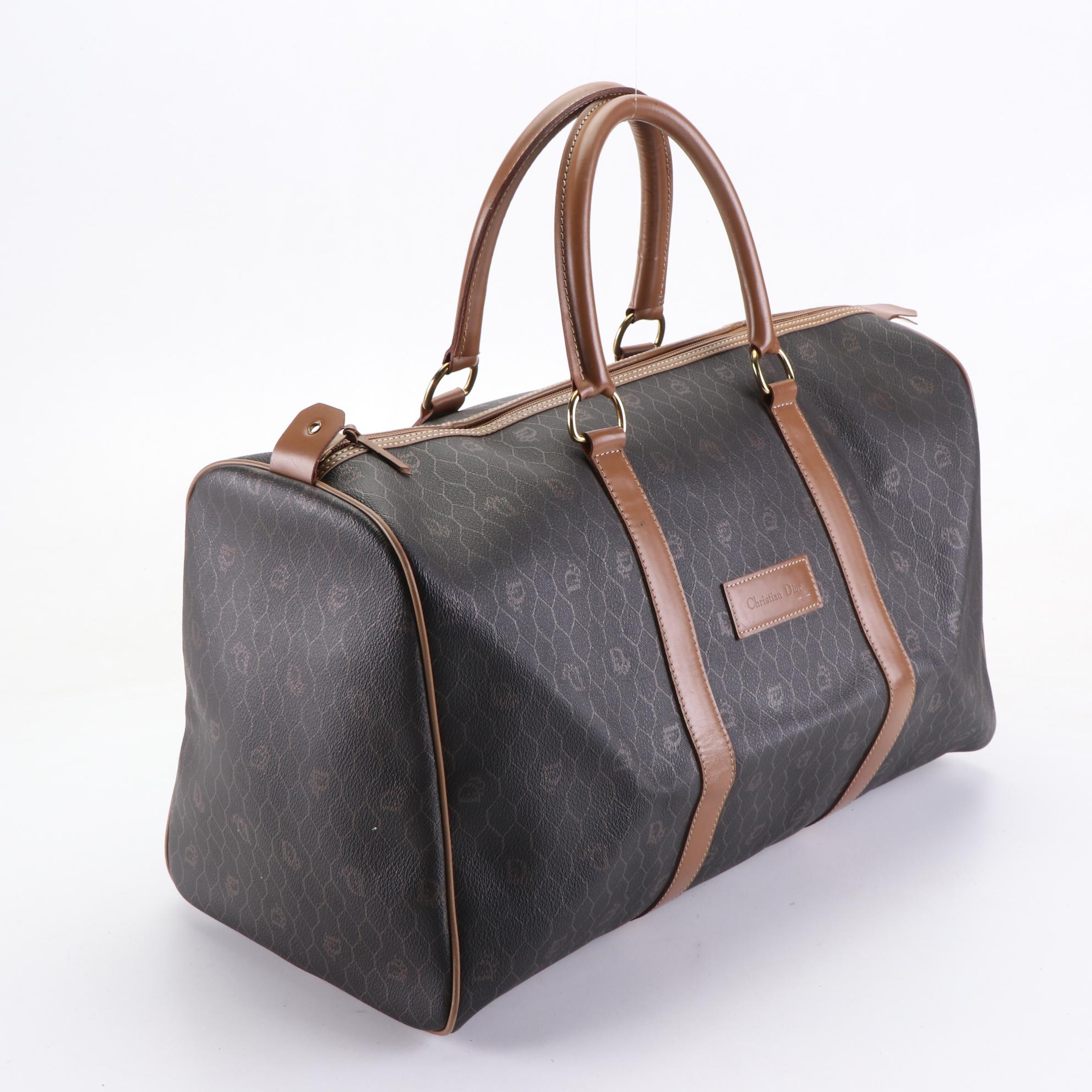 Christian Dior Boston Bag in Honeycomb Coated Canvas with Brown Leather Trim