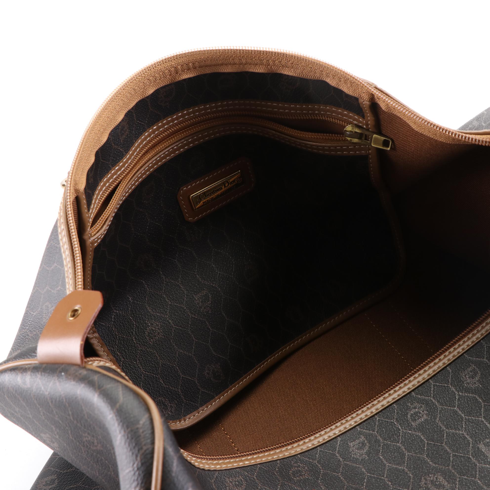 Christian Dior Boston Bag in Honeycomb Coated Canvas with Brown Leather Trim
