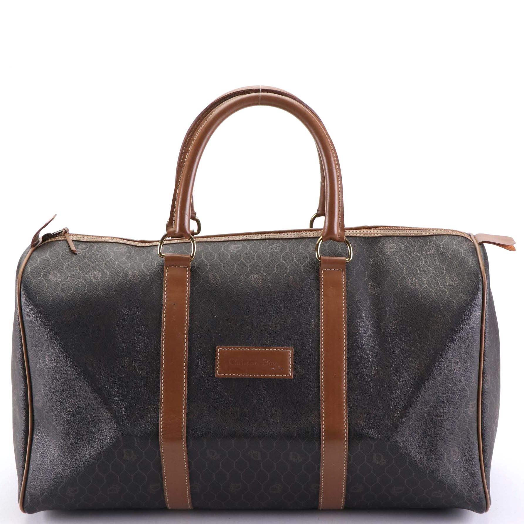 Christian Dior Boston Bag in Honeycomb Coated Canvas with Brown Leather Trim