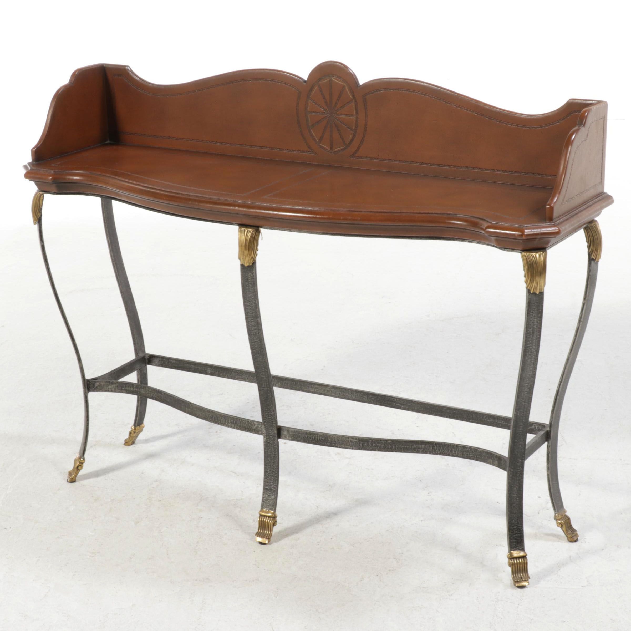 Brass-Mounted Iron and Leather-Clad Console Table, Style of Maitland-Smith