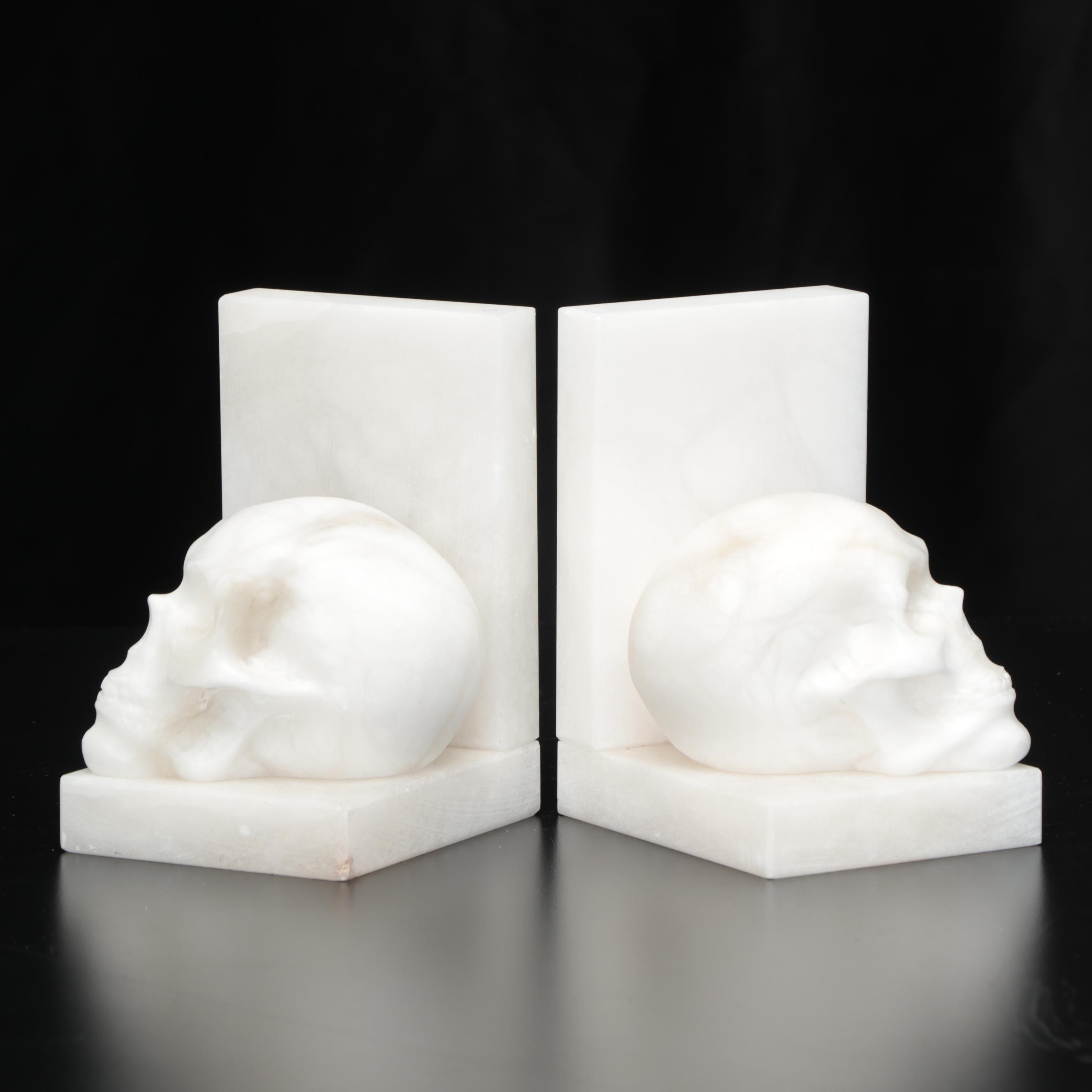 Carved Alabaster Memento Mori Skull Bookends