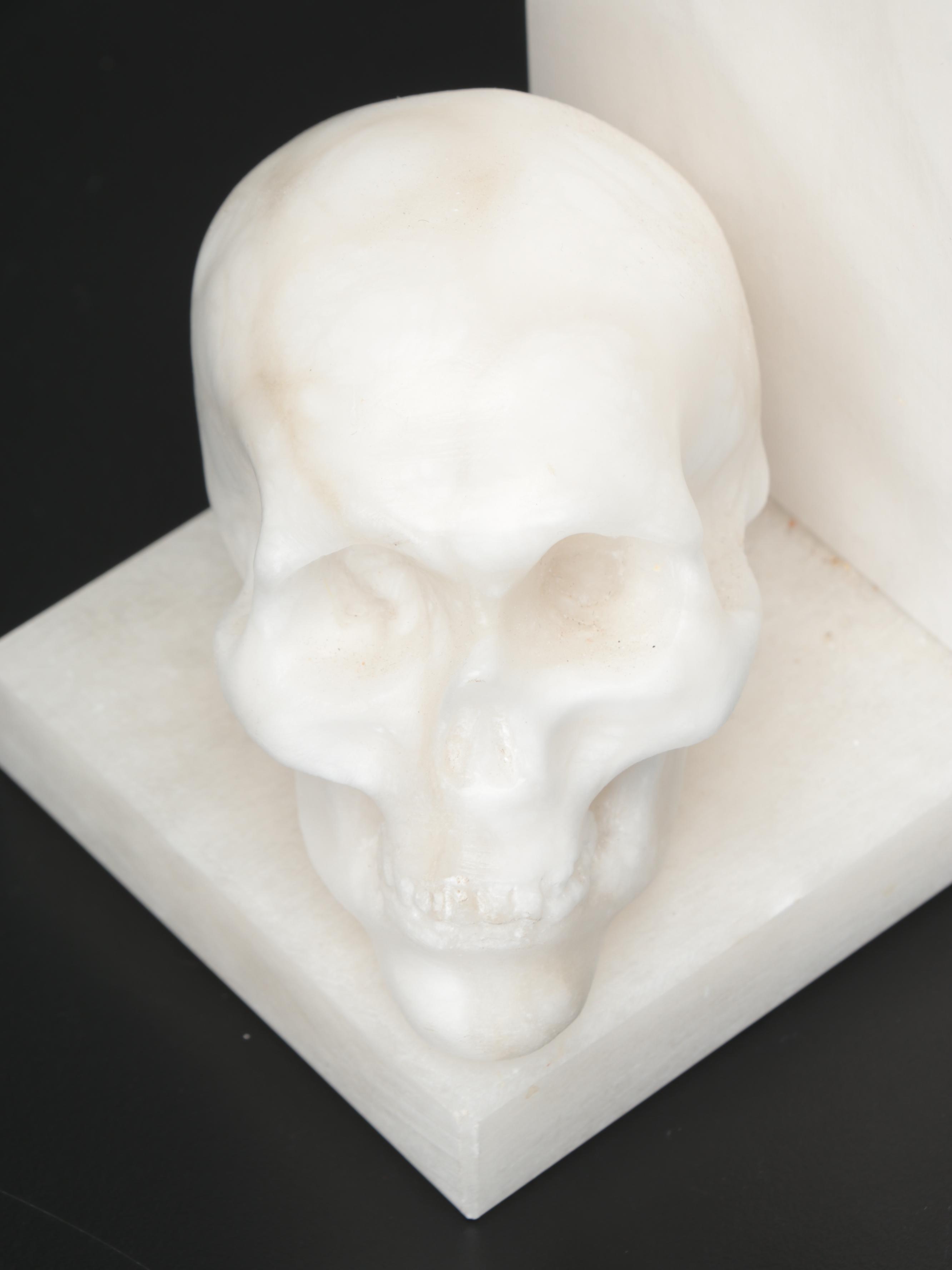 Carved Alabaster Memento Mori Skull Bookends