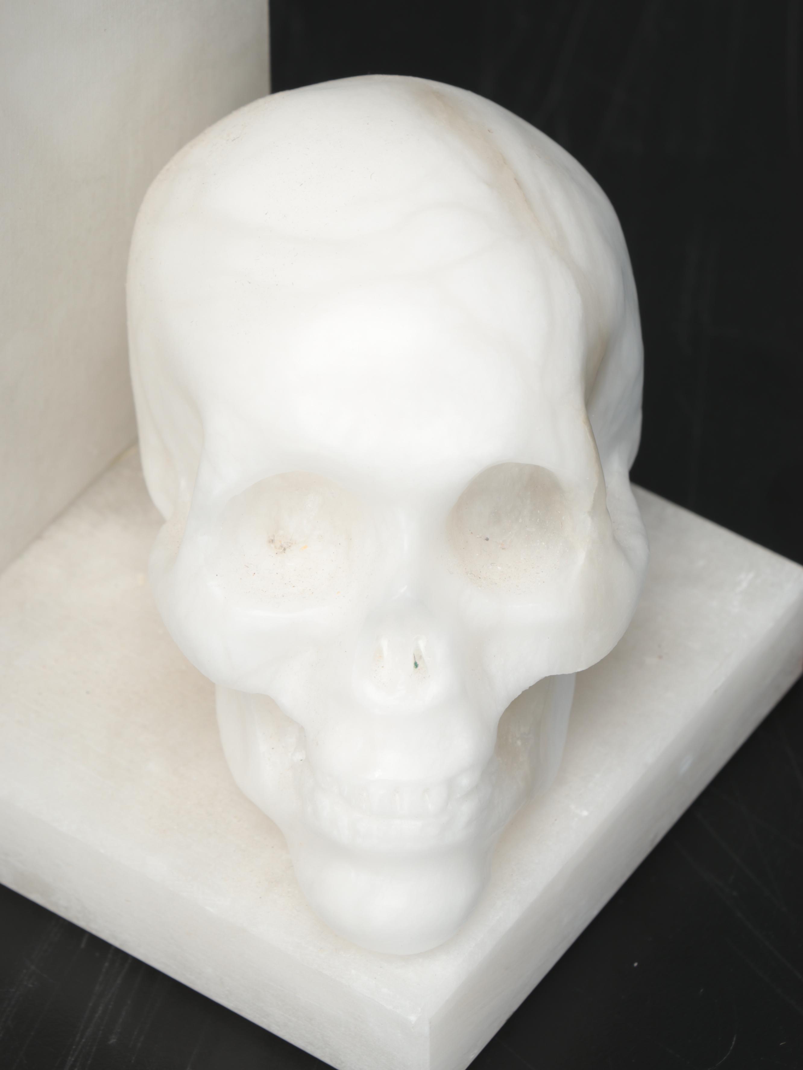 Carved Alabaster Memento Mori Skull Bookends