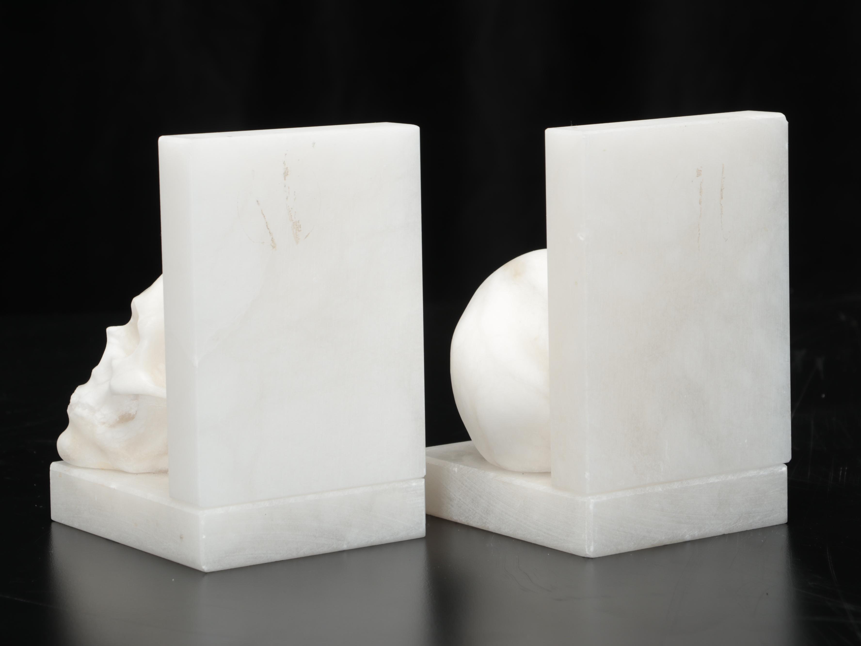 Carved Alabaster Memento Mori Skull Bookends