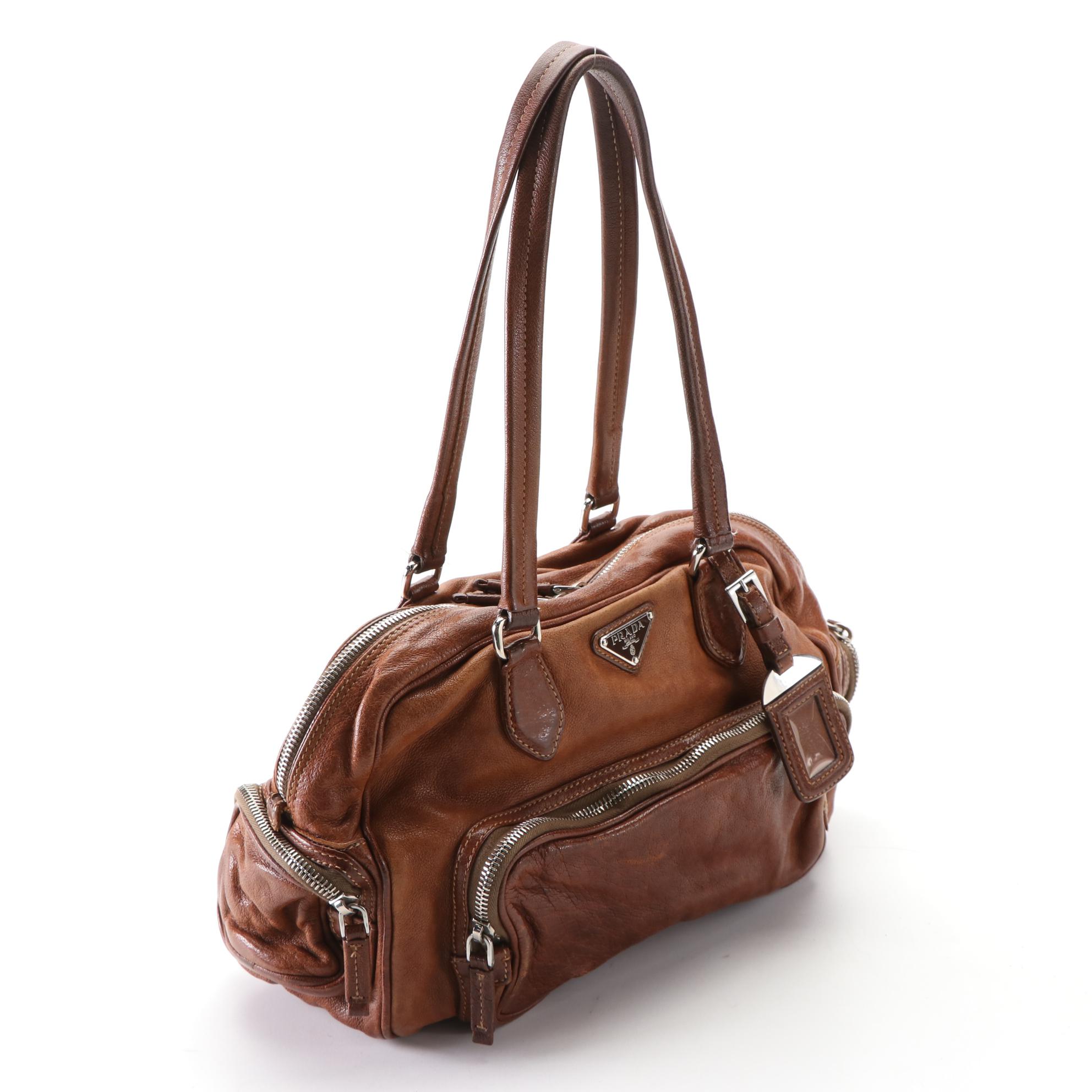 Prada Washed Shoulder Bag in Brown Leather