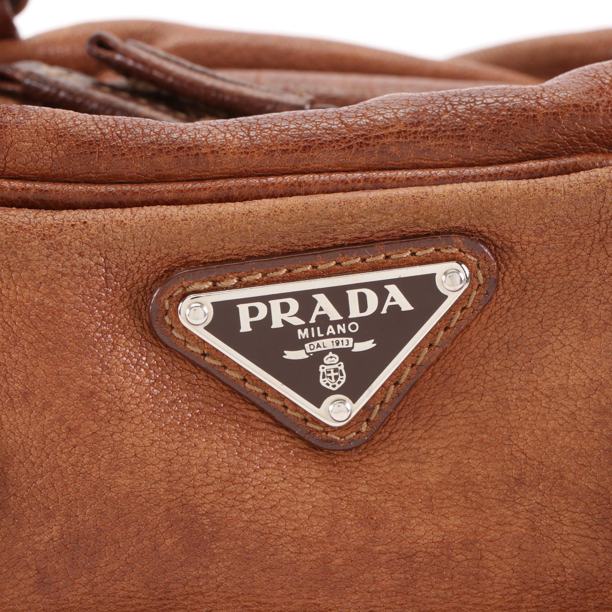 Prada Washed Shoulder Bag in Brown Leather