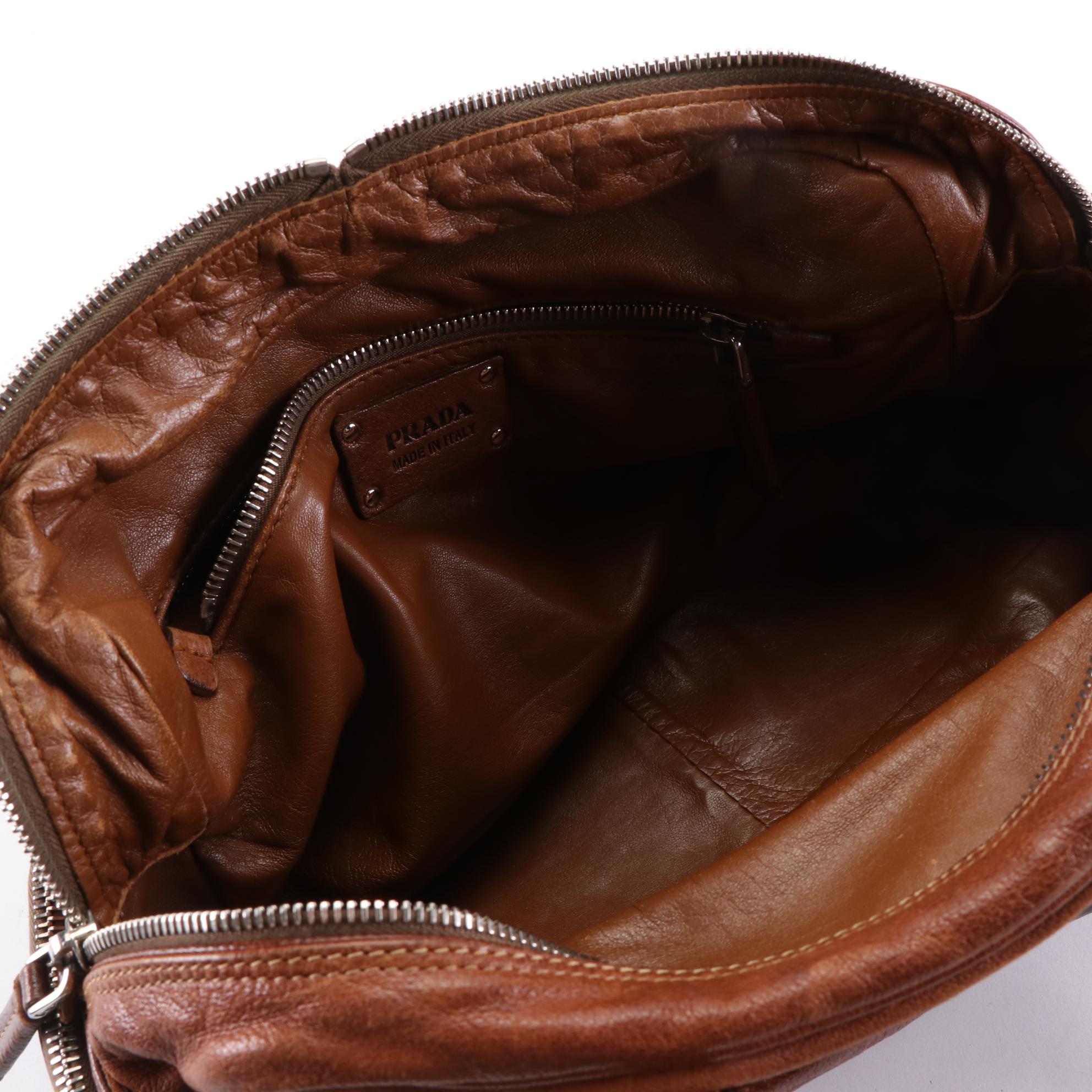 Prada Washed Shoulder Bag in Brown Leather
