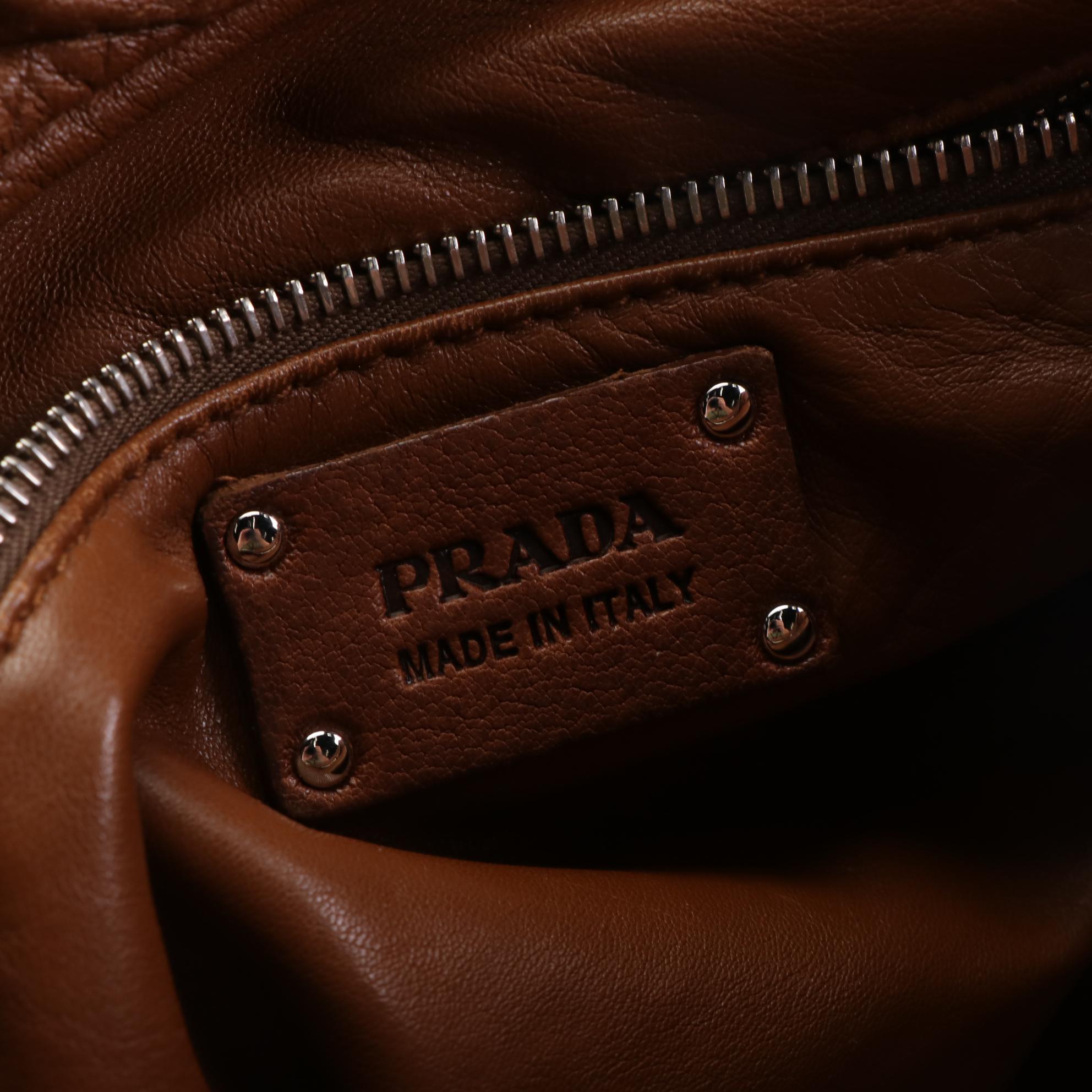 Prada Washed Shoulder Bag in Brown Leather
