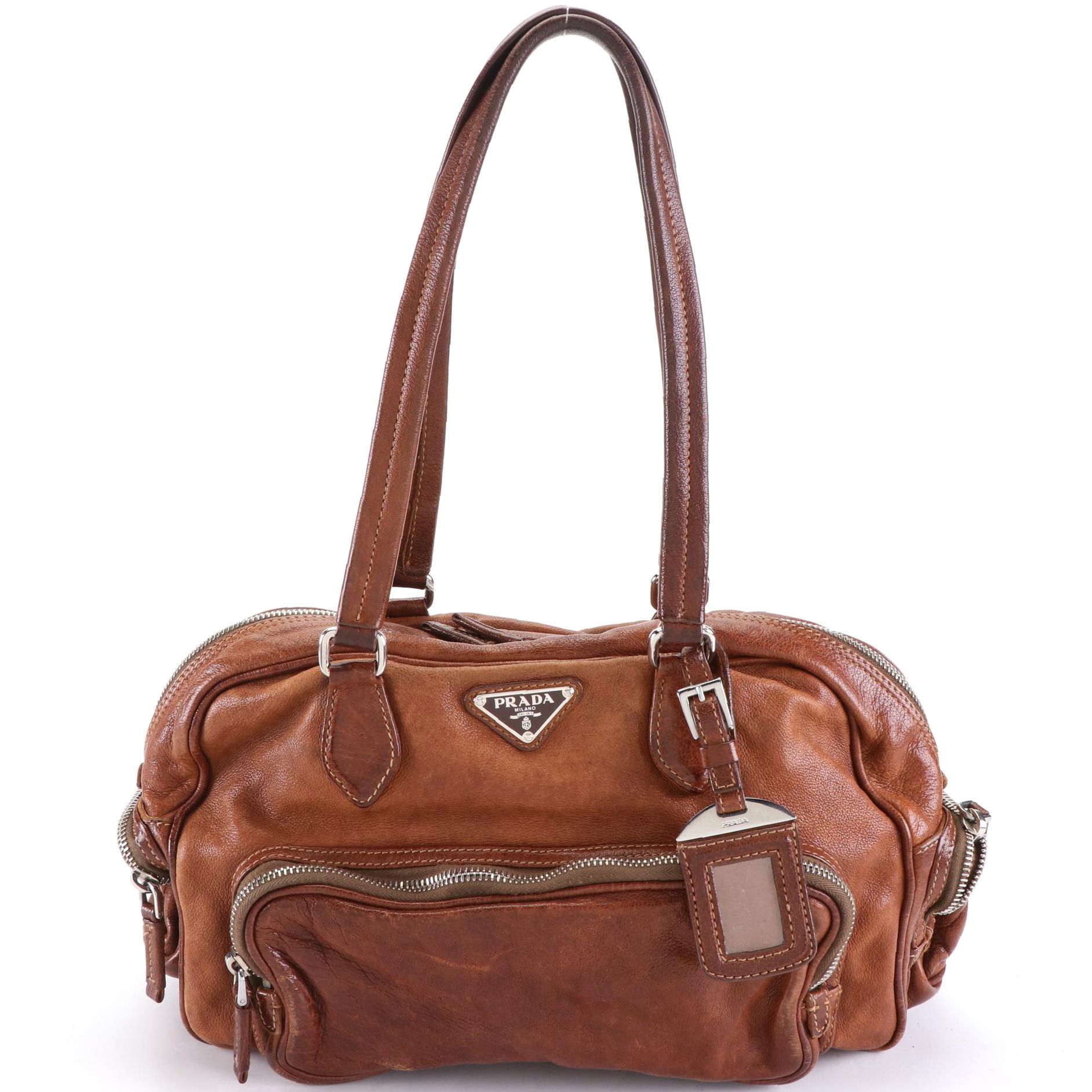 Prada Washed Shoulder Bag in Brown Leather