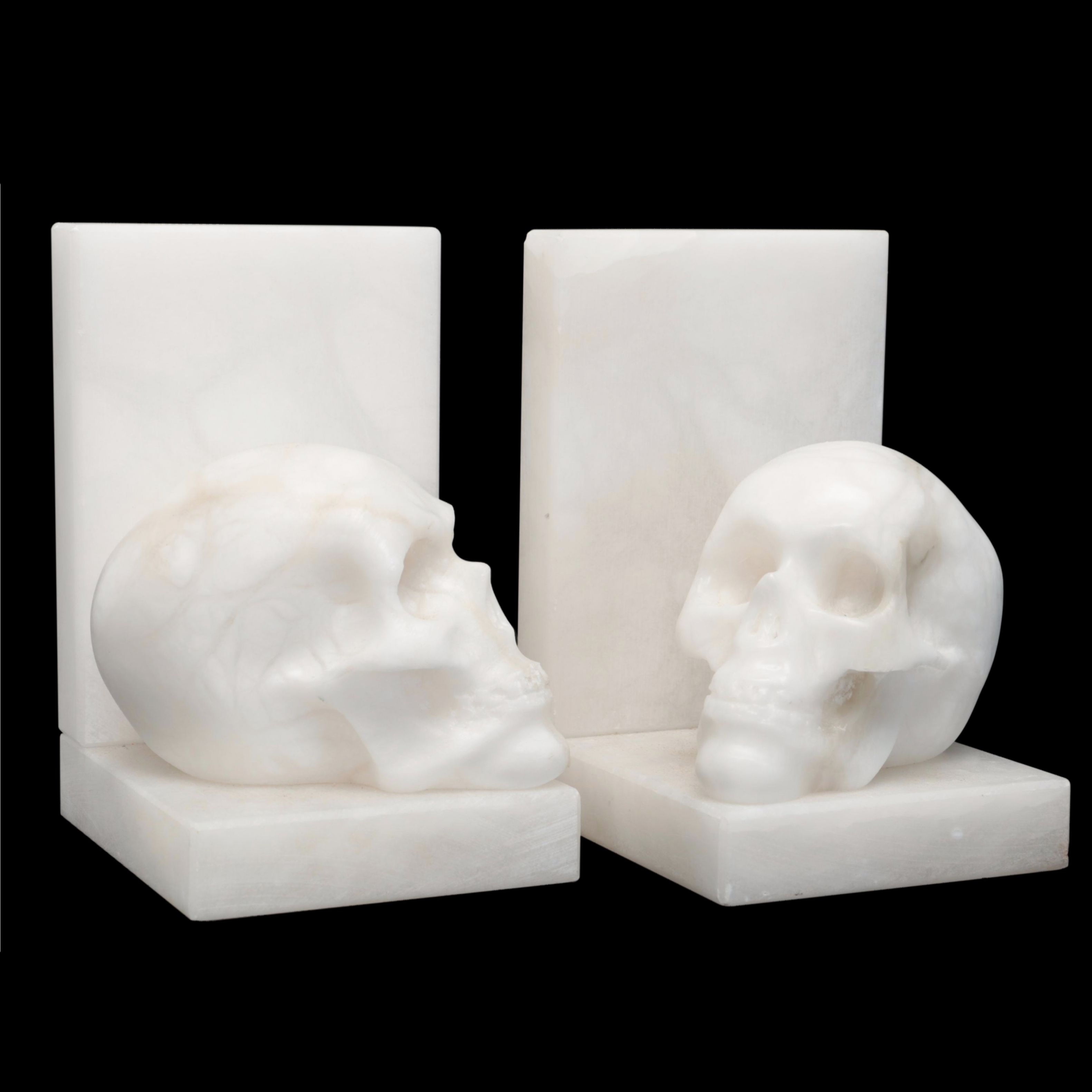 Carved Alabaster Memento Mori Skull Bookends