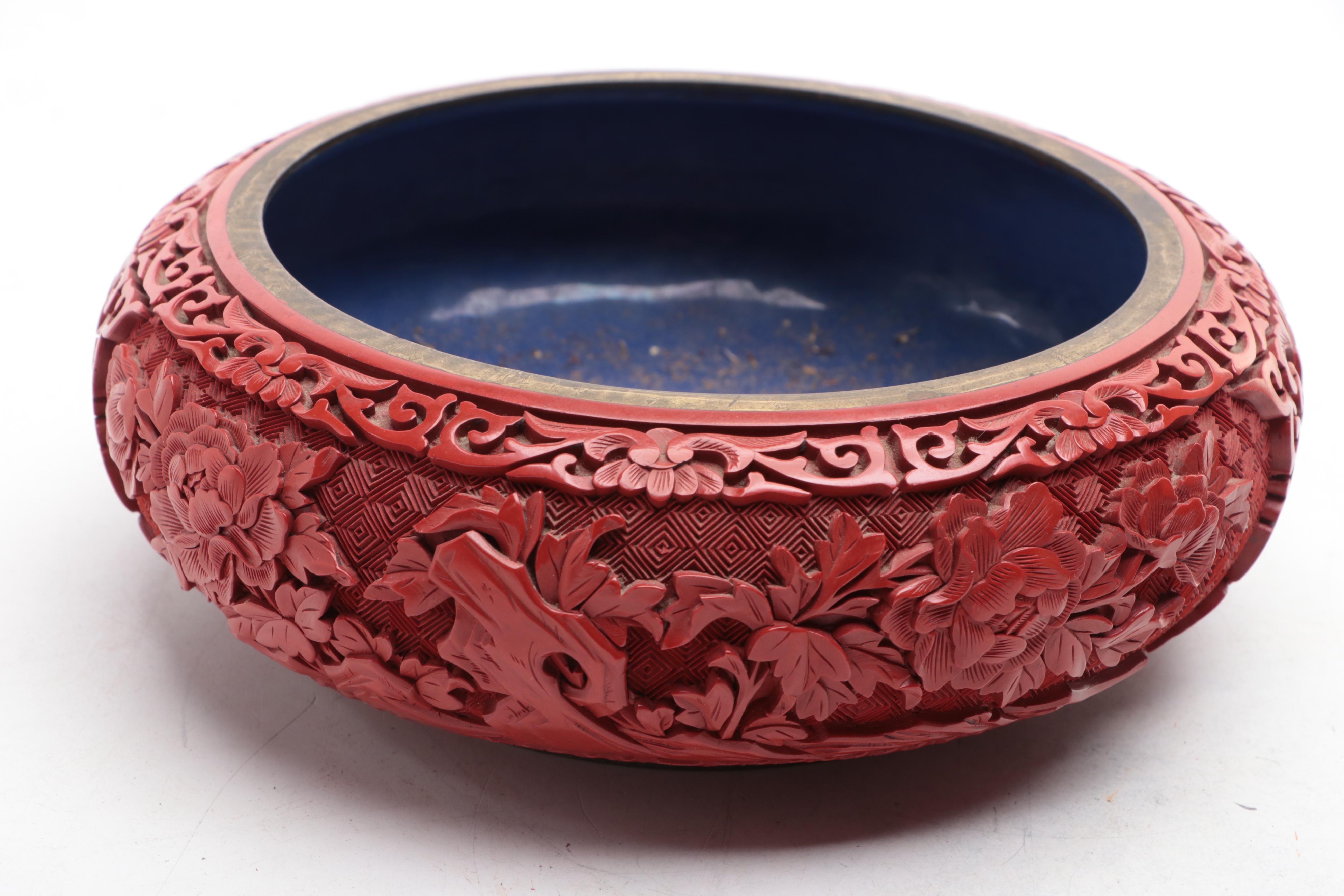 Chinese Carved Cinnabar Resin and Enameled Bowl with Wood Stand