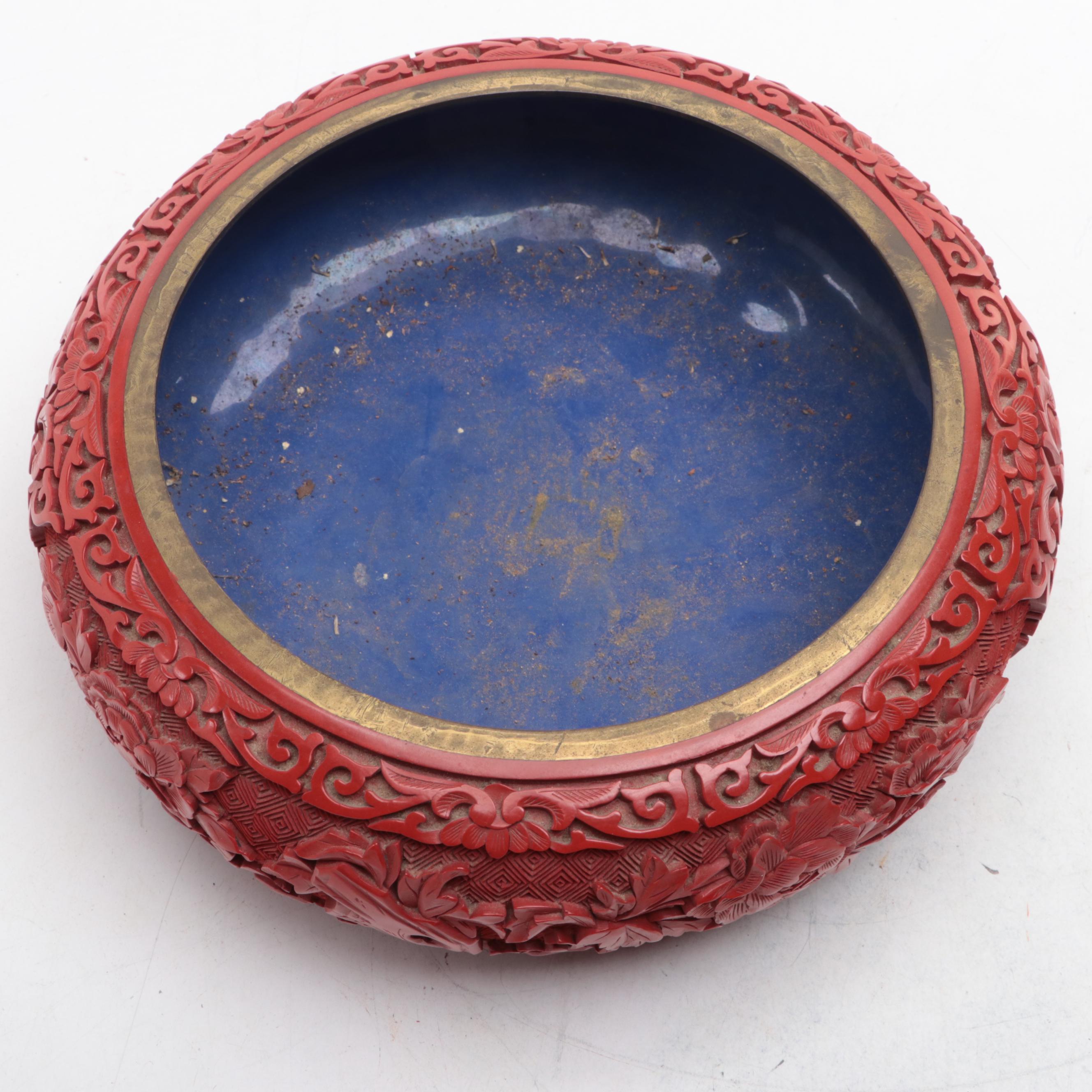 Chinese Carved Cinnabar Resin and Enameled Bowl with Wood Stand