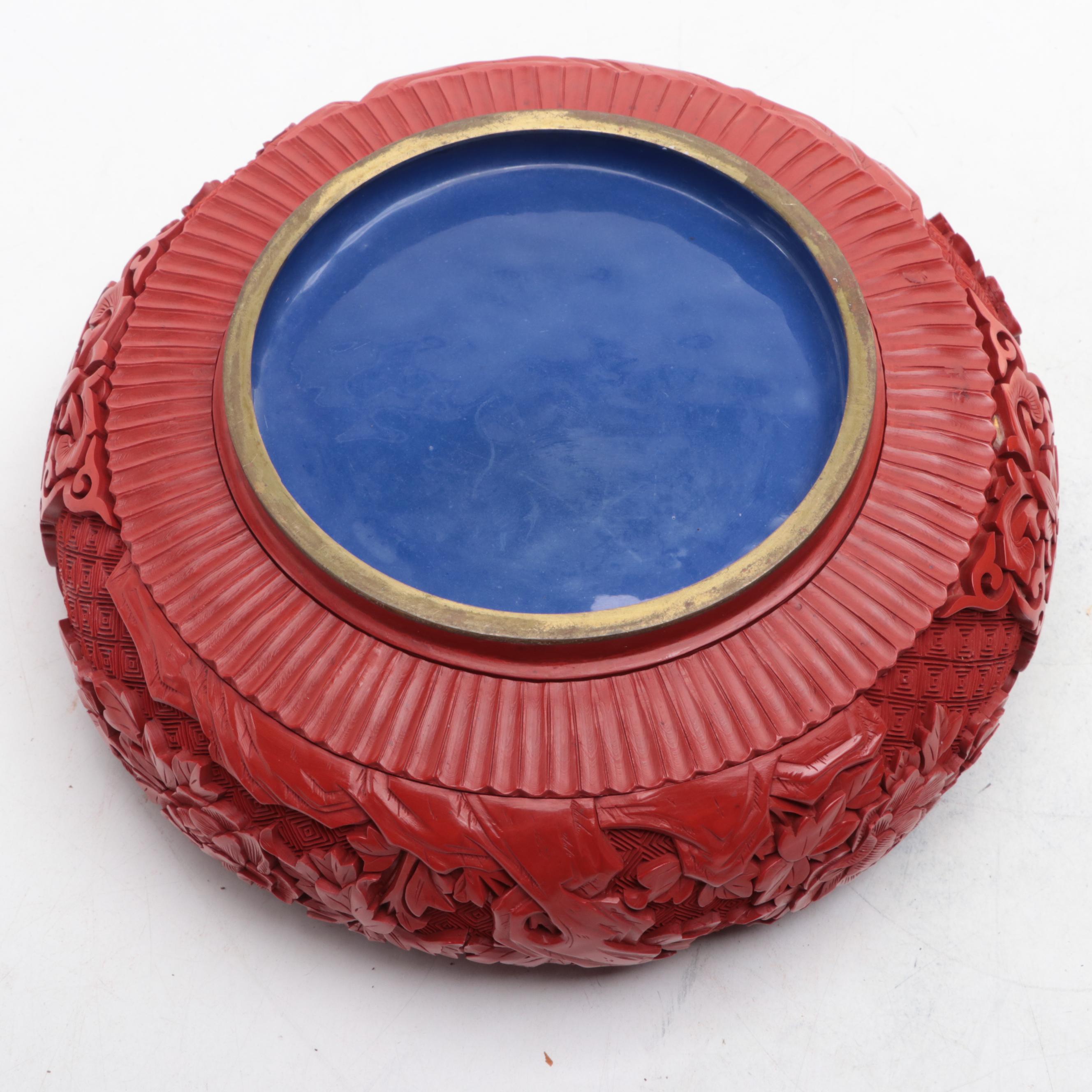 Chinese Carved Cinnabar Resin and Enameled Bowl with Wood Stand
