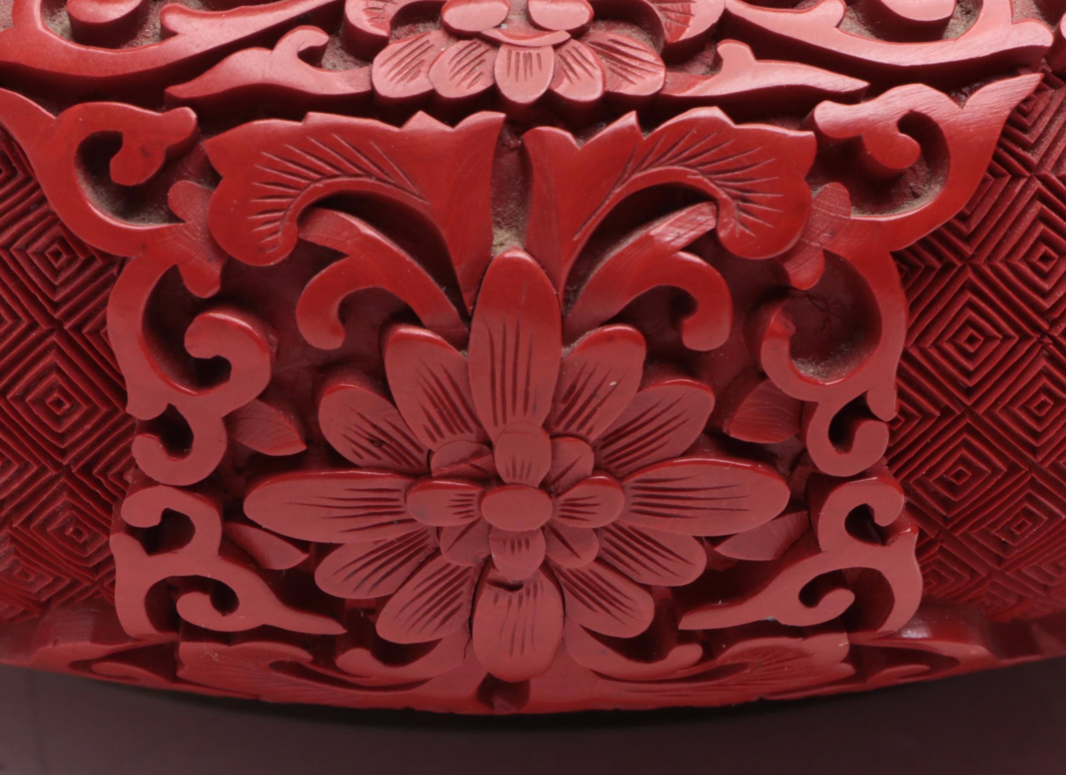 Chinese Carved Cinnabar Resin and Enameled Bowl with Wood Stand
