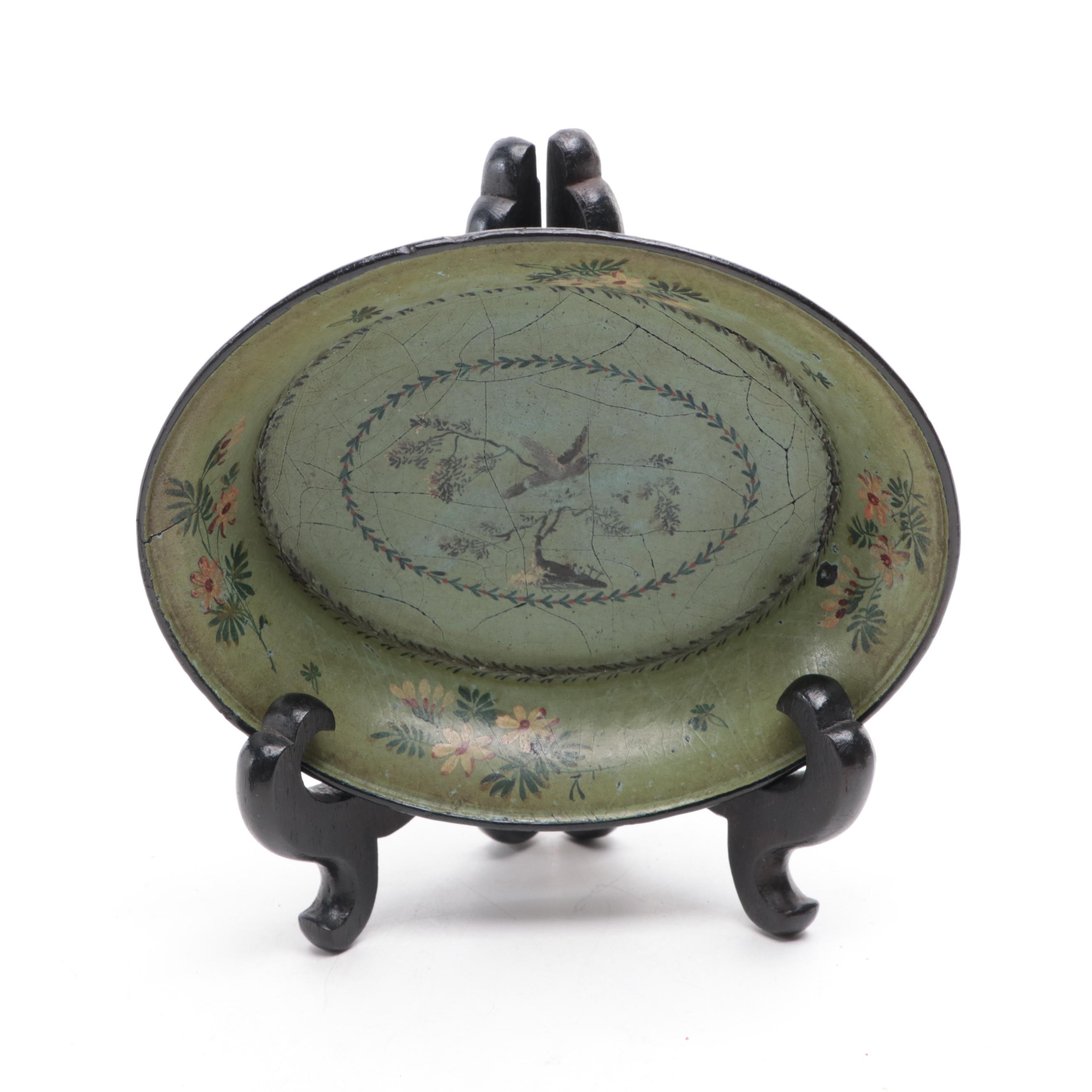 European Bird and Floral Motif Papier-Mâché Bowls with Ebonized Wood Stands