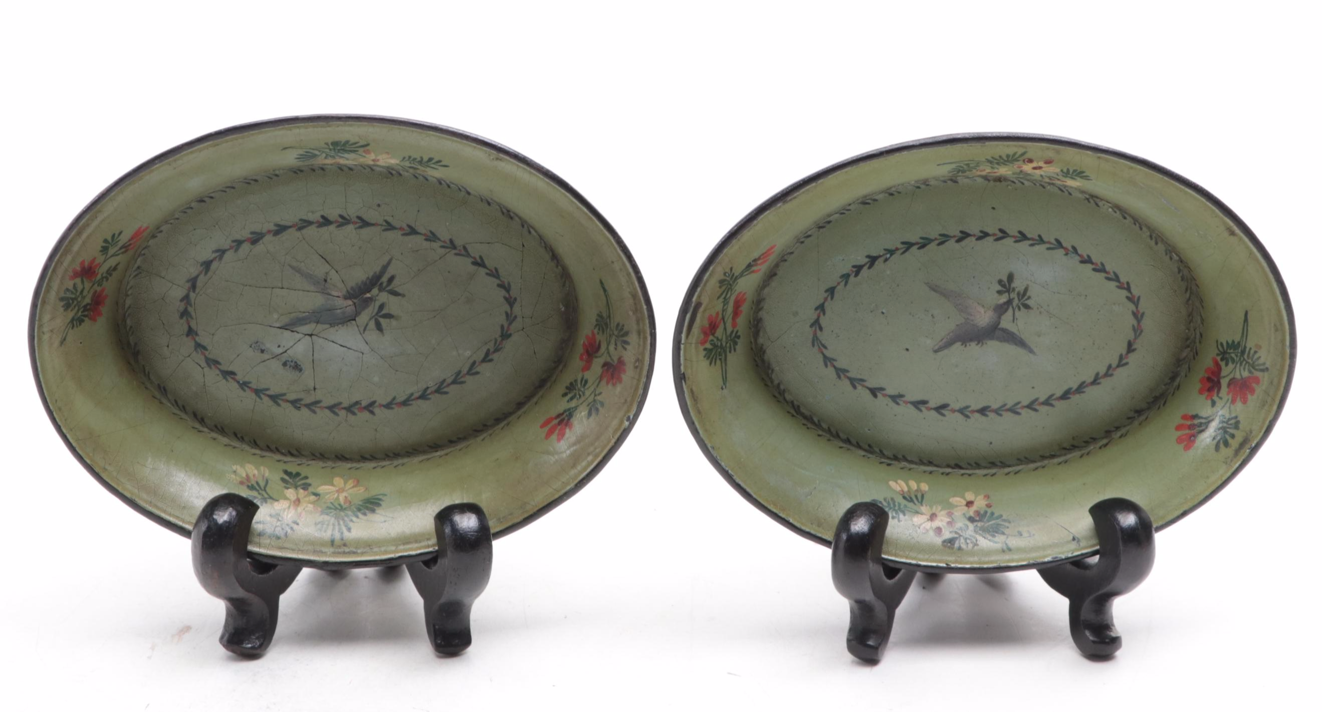 European Bird and Floral Motif Papier-Mâché Bowls with Ebonized Wood Stands