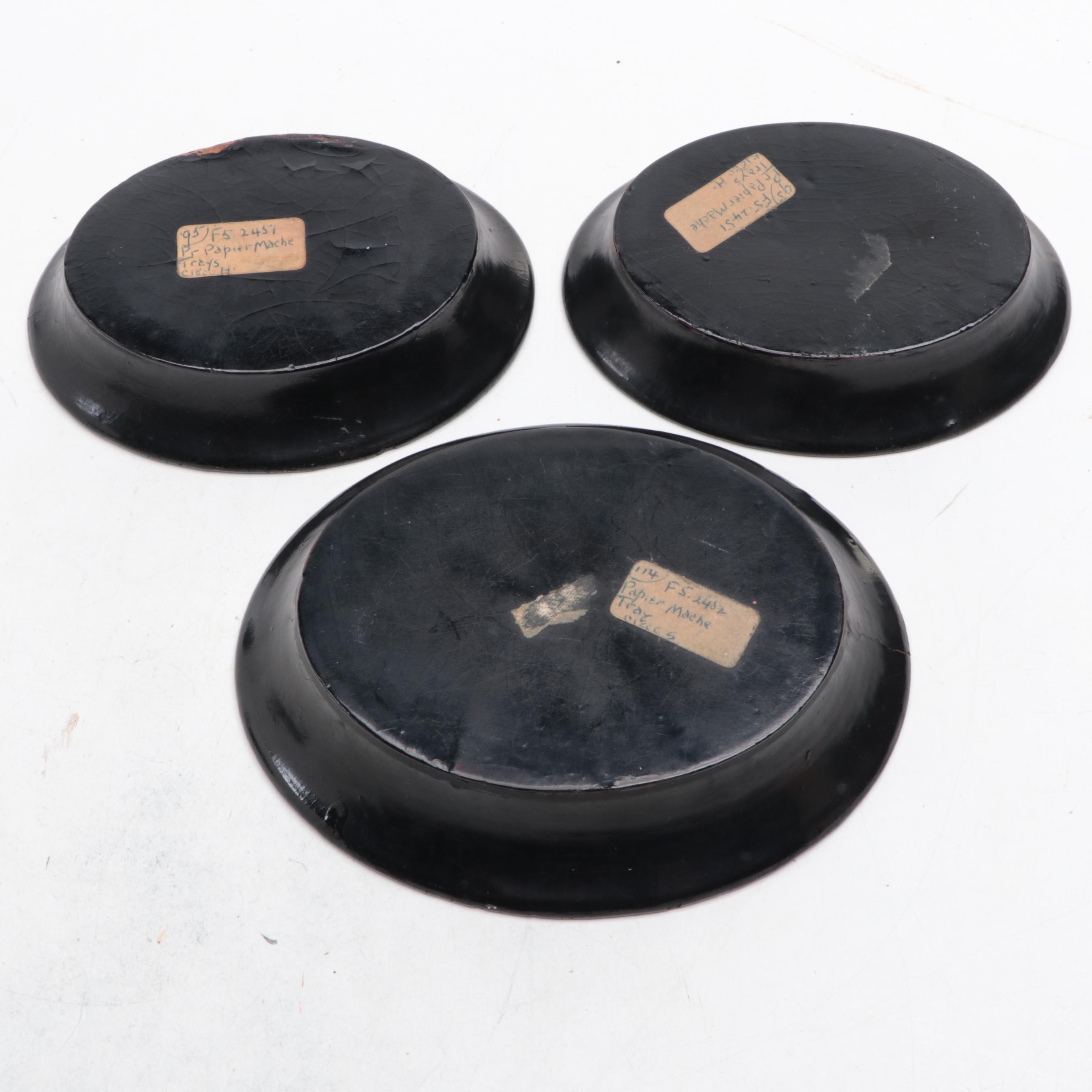 European Bird and Floral Motif Papier-Mâché Bowls with Ebonized Wood Stands