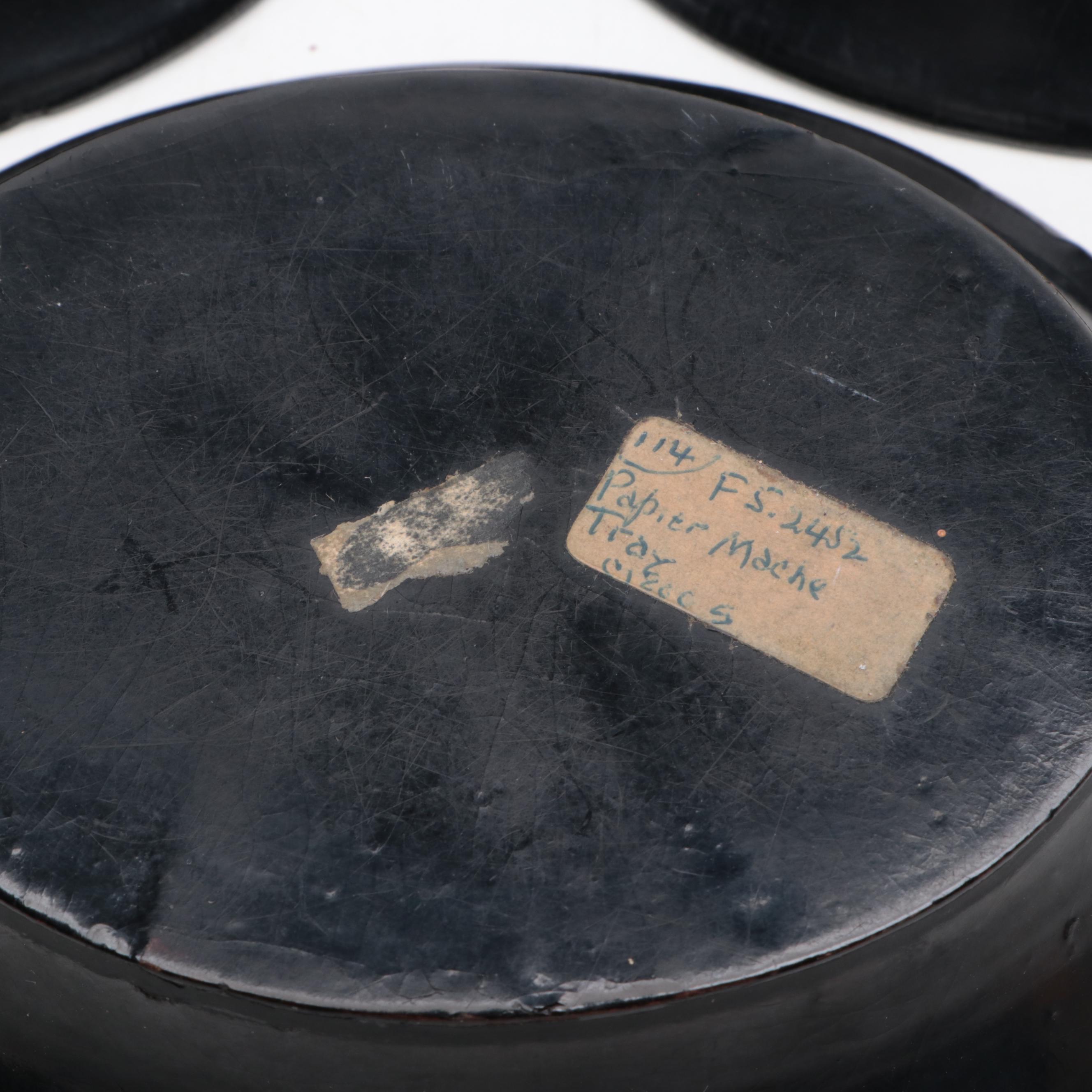 European Bird and Floral Motif Papier-Mâché Bowls with Ebonized Wood Stands