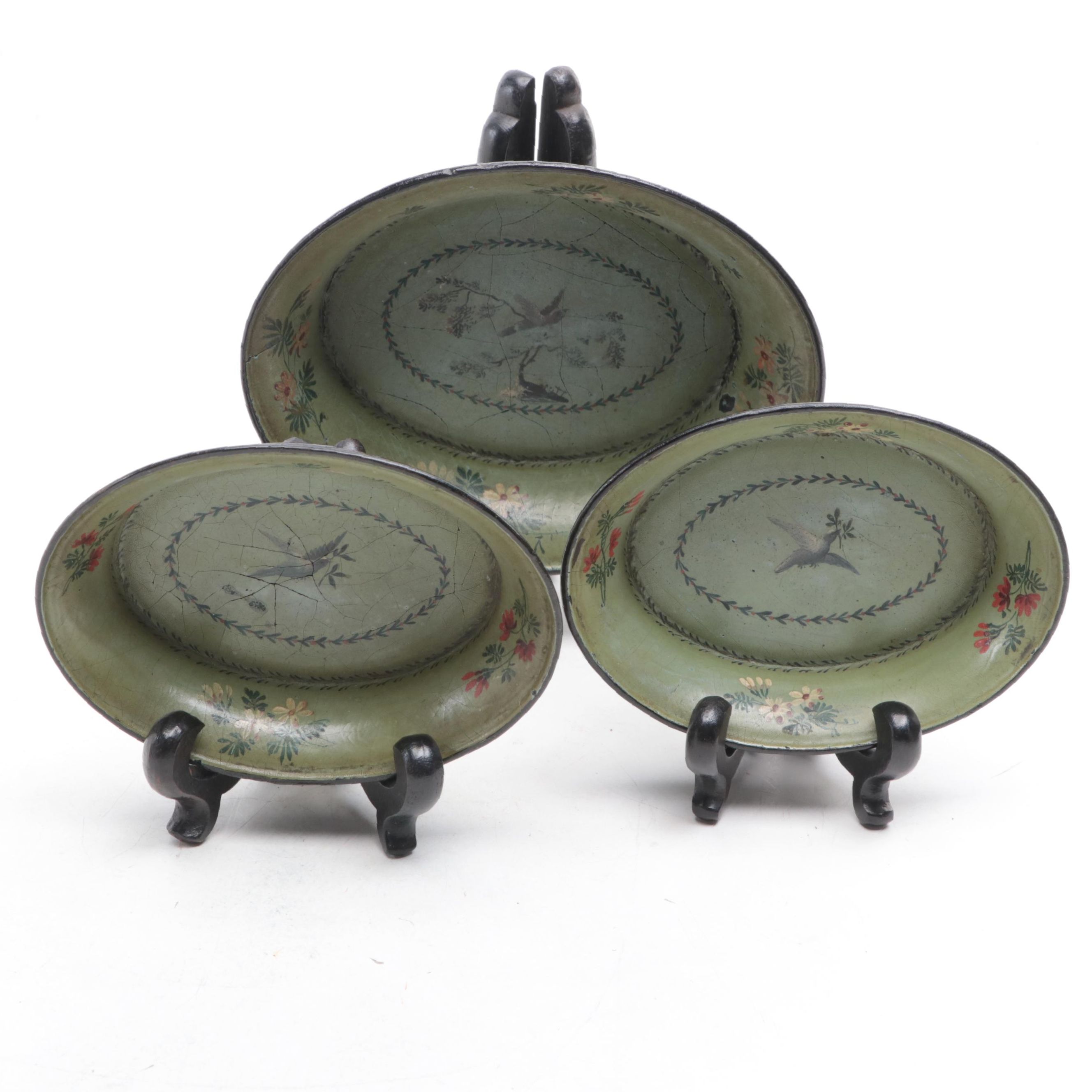 European Bird and Floral Motif Papier-Mâché Bowls with Ebonized Wood Stands