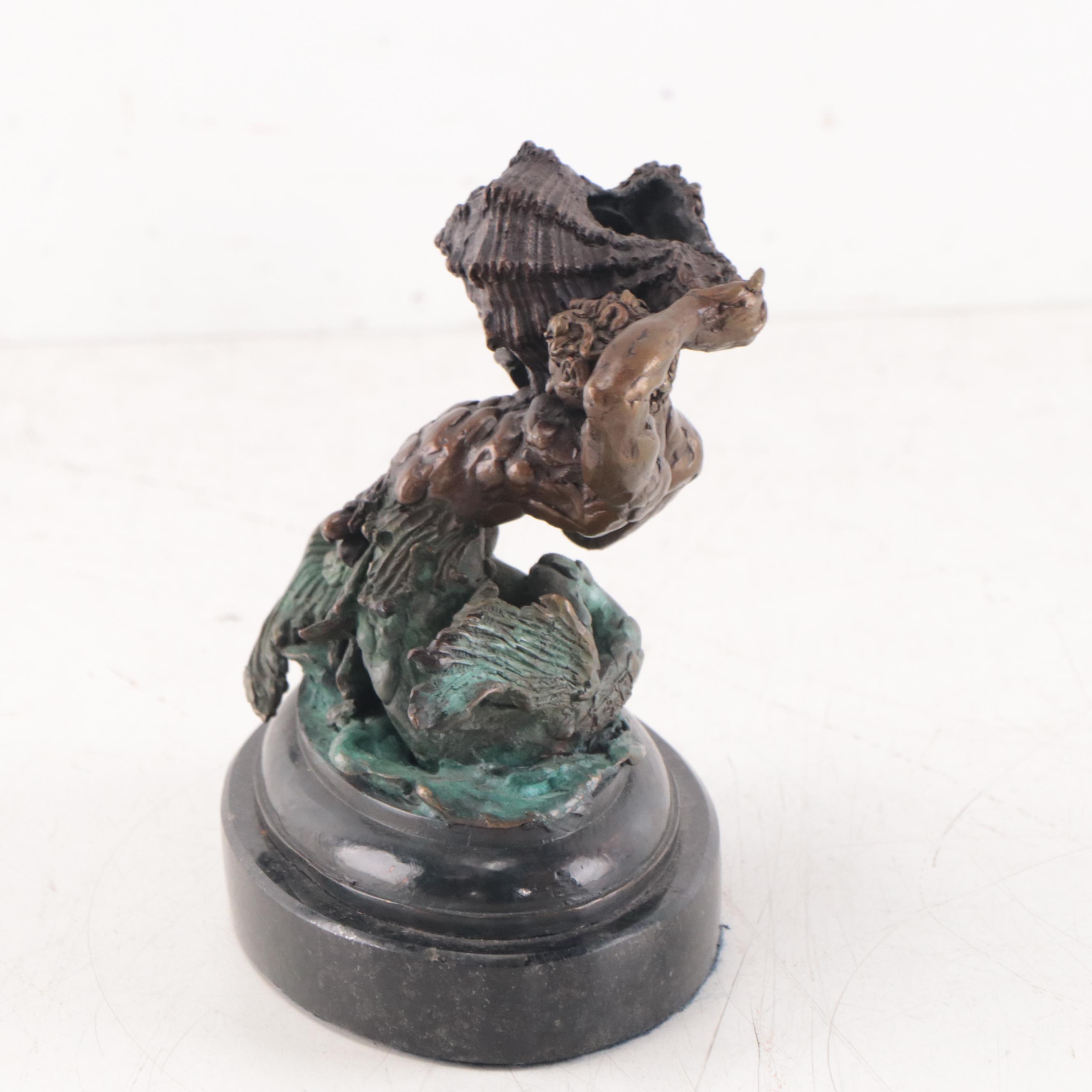 Bronze Sculpture of Merman Hoisting a Conch Shell