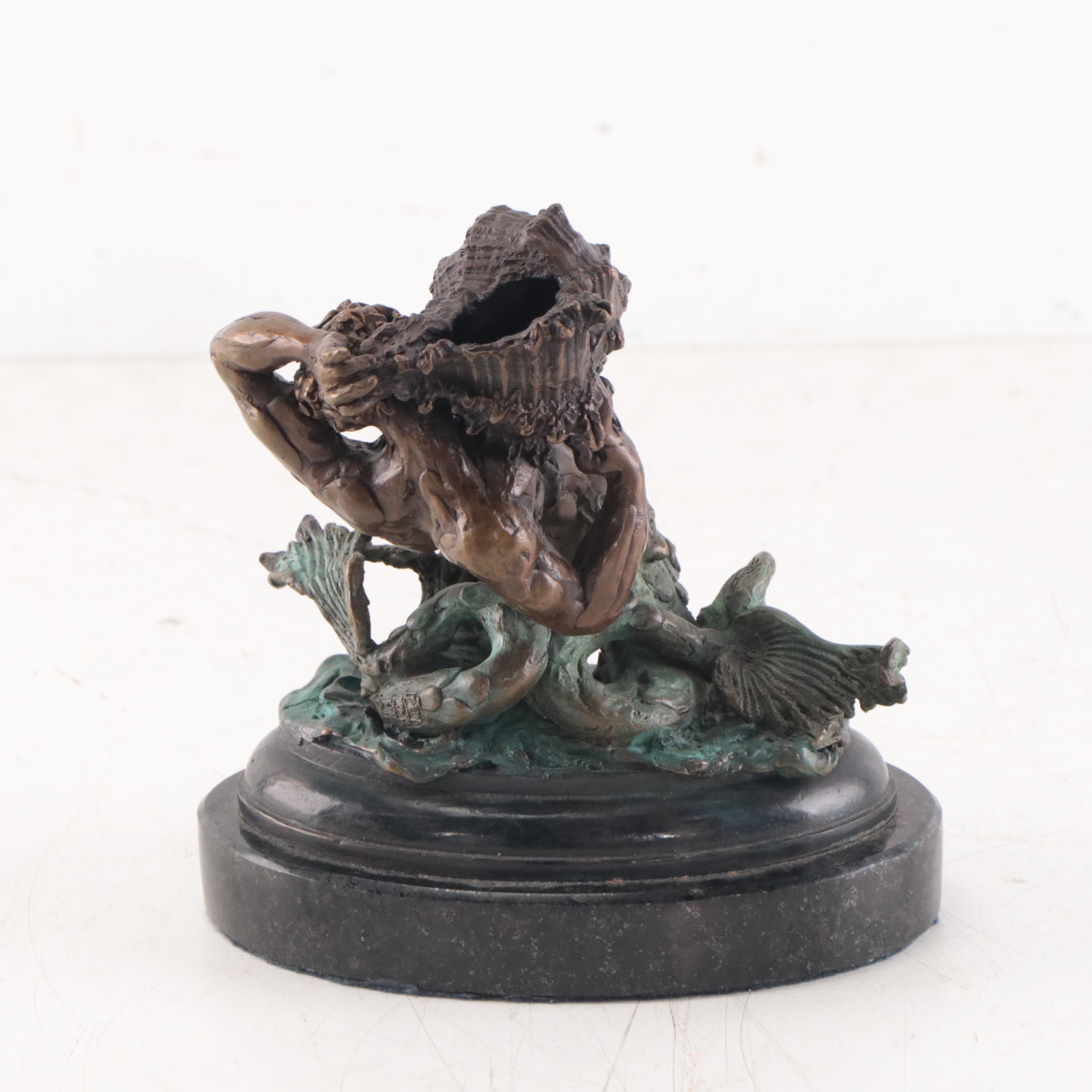 Bronze Sculpture of Merman Hoisting a Conch Shell