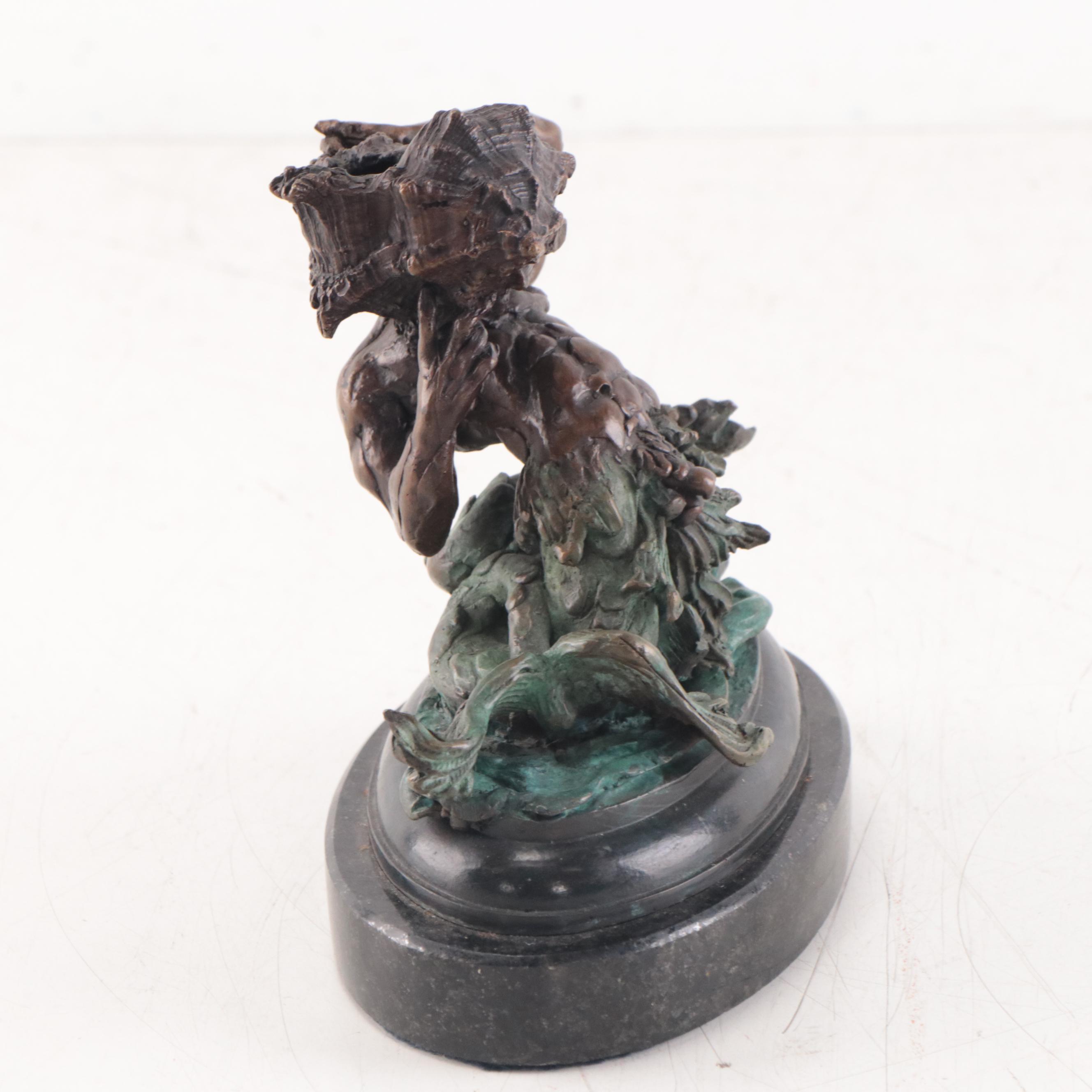 Bronze Sculpture of Merman Hoisting a Conch Shell