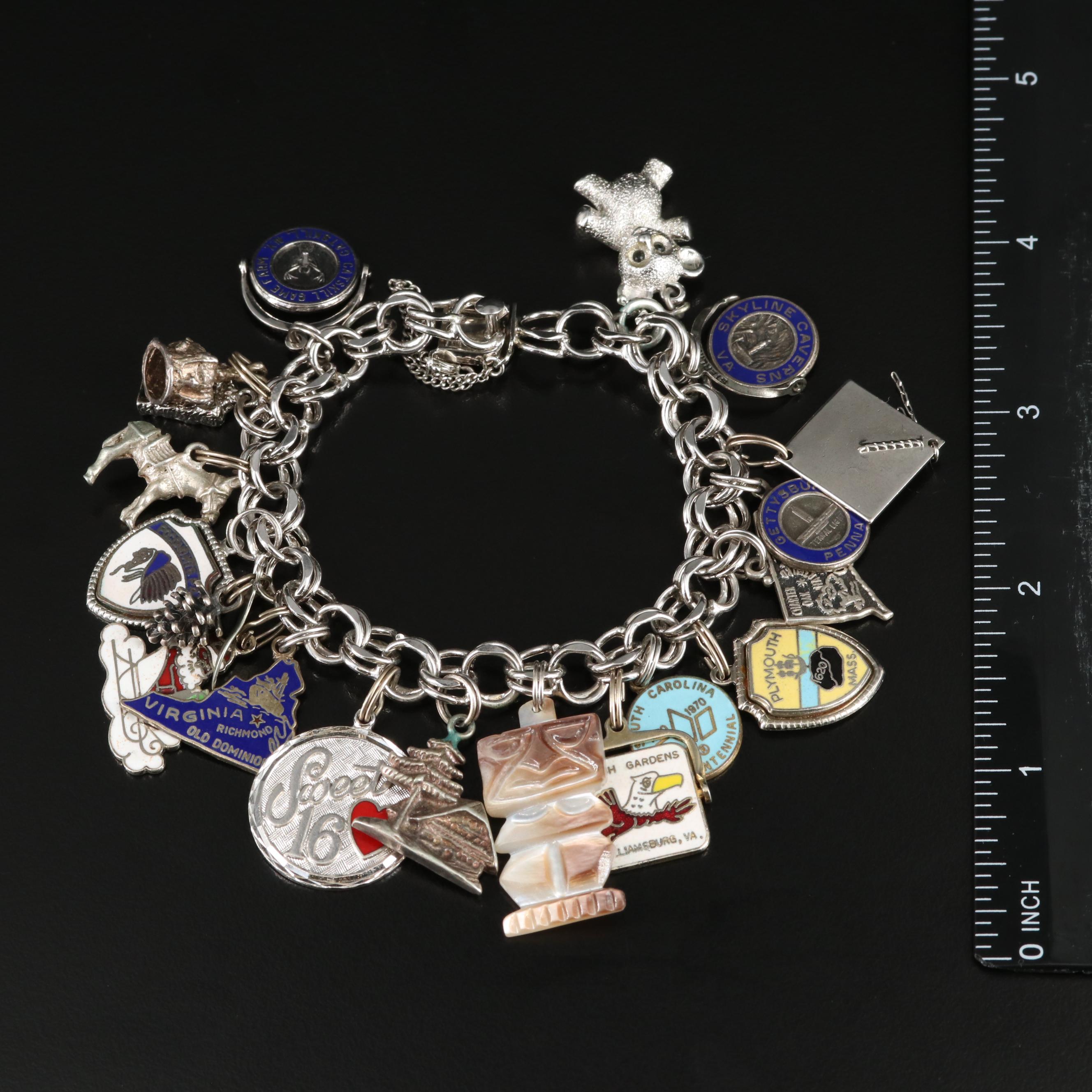 Sterling Bracelets Including Enamel, Mother-of-Pearl and Charms