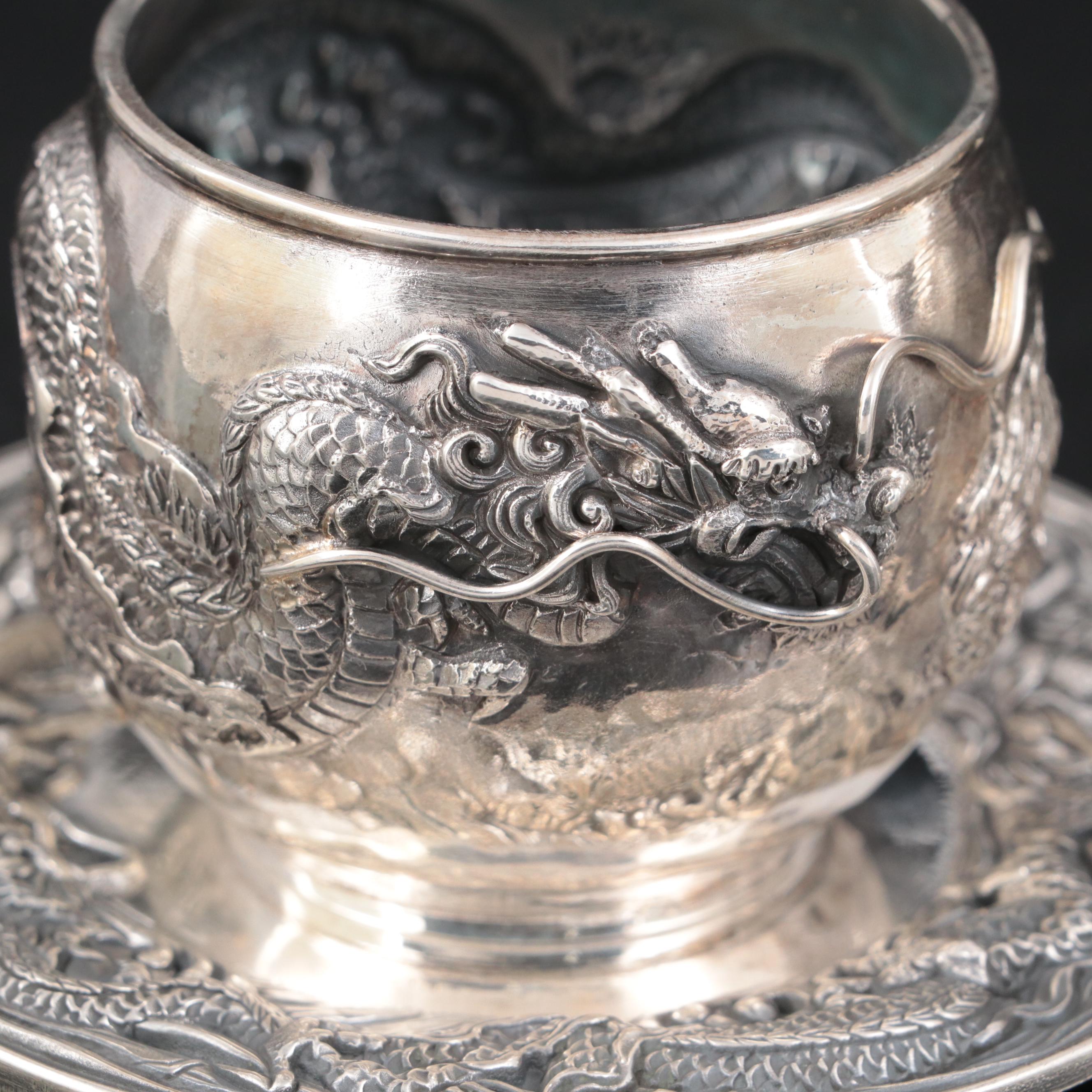 Japanese Fine Silver Repoussé Dragon Cups and Saucers, Attributed to Sanku Sanju