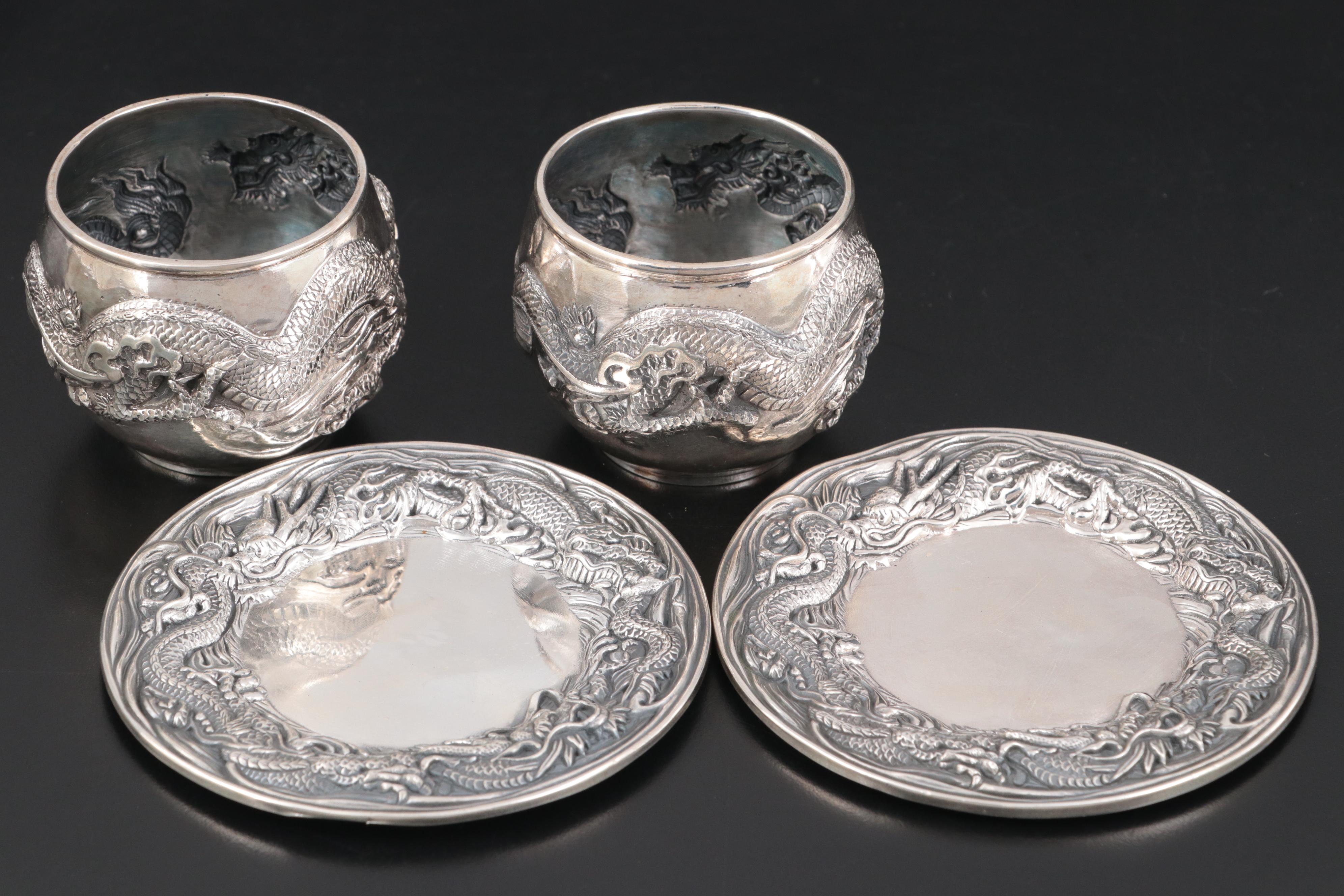 Japanese Fine Silver Repoussé Dragon Cups and Saucers, Attributed to Sanku Sanju