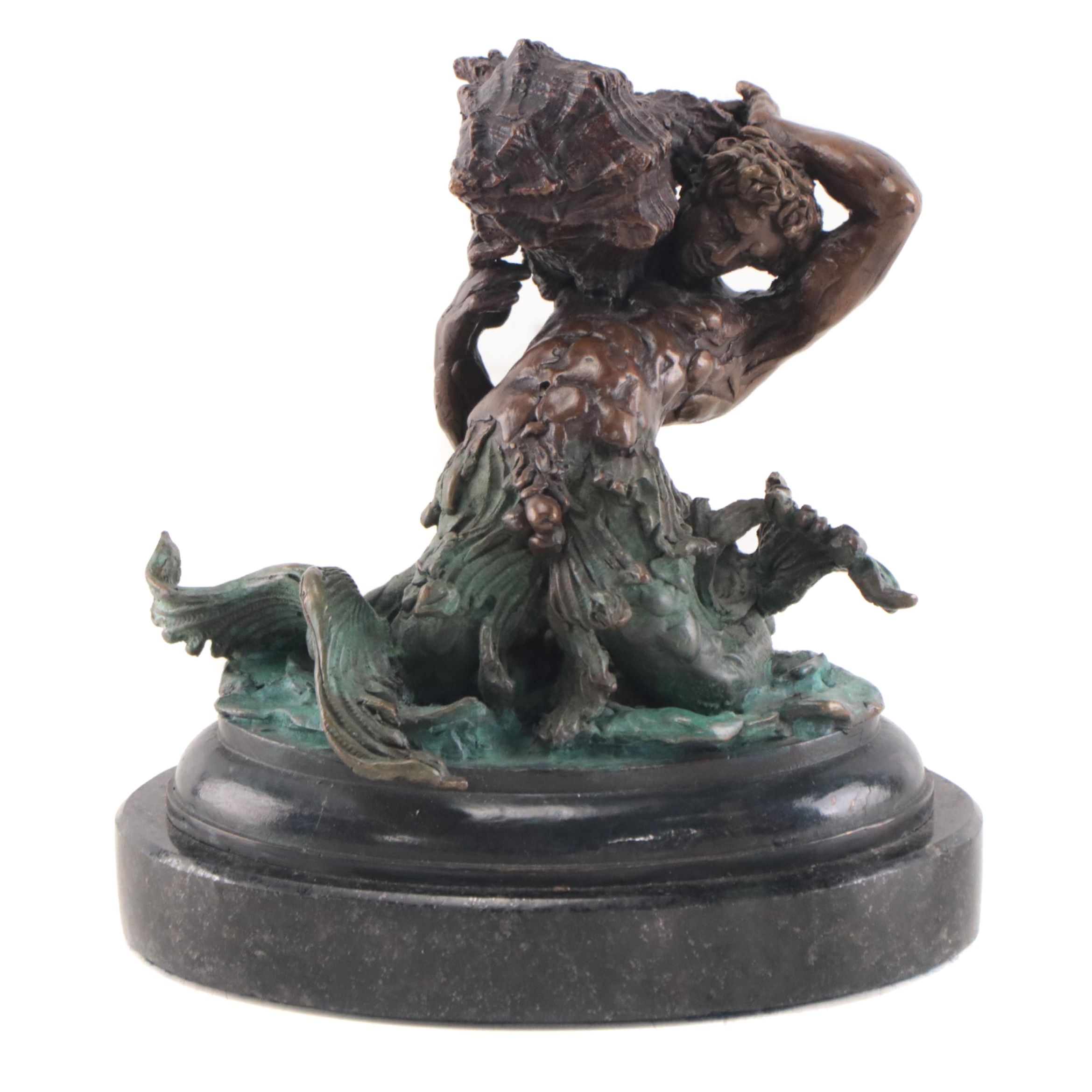 Bronze Sculpture of Merman Hoisting a Conch Shell