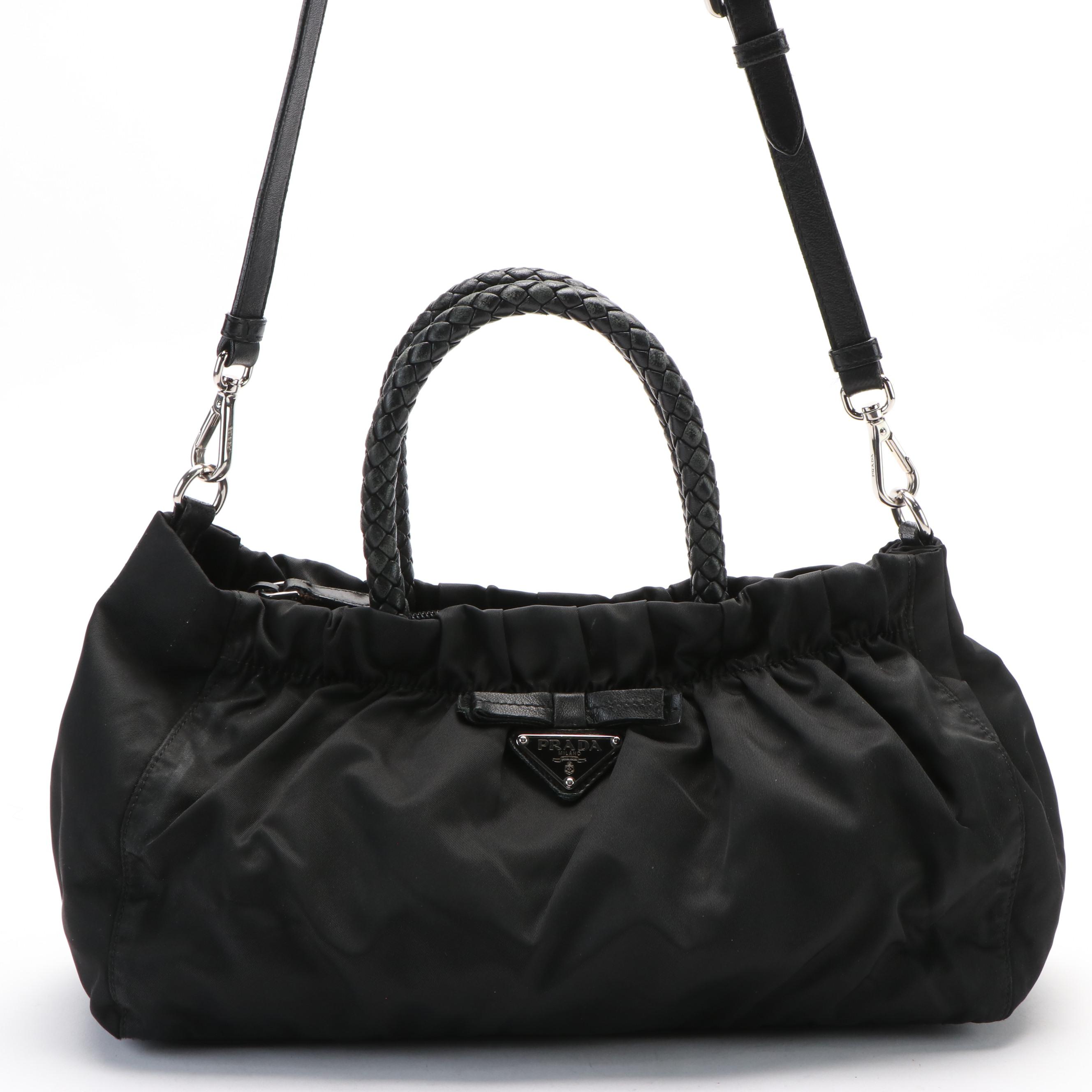 Prada Tessuto Two Way Handbag in Black Nylon with Leather Trim
