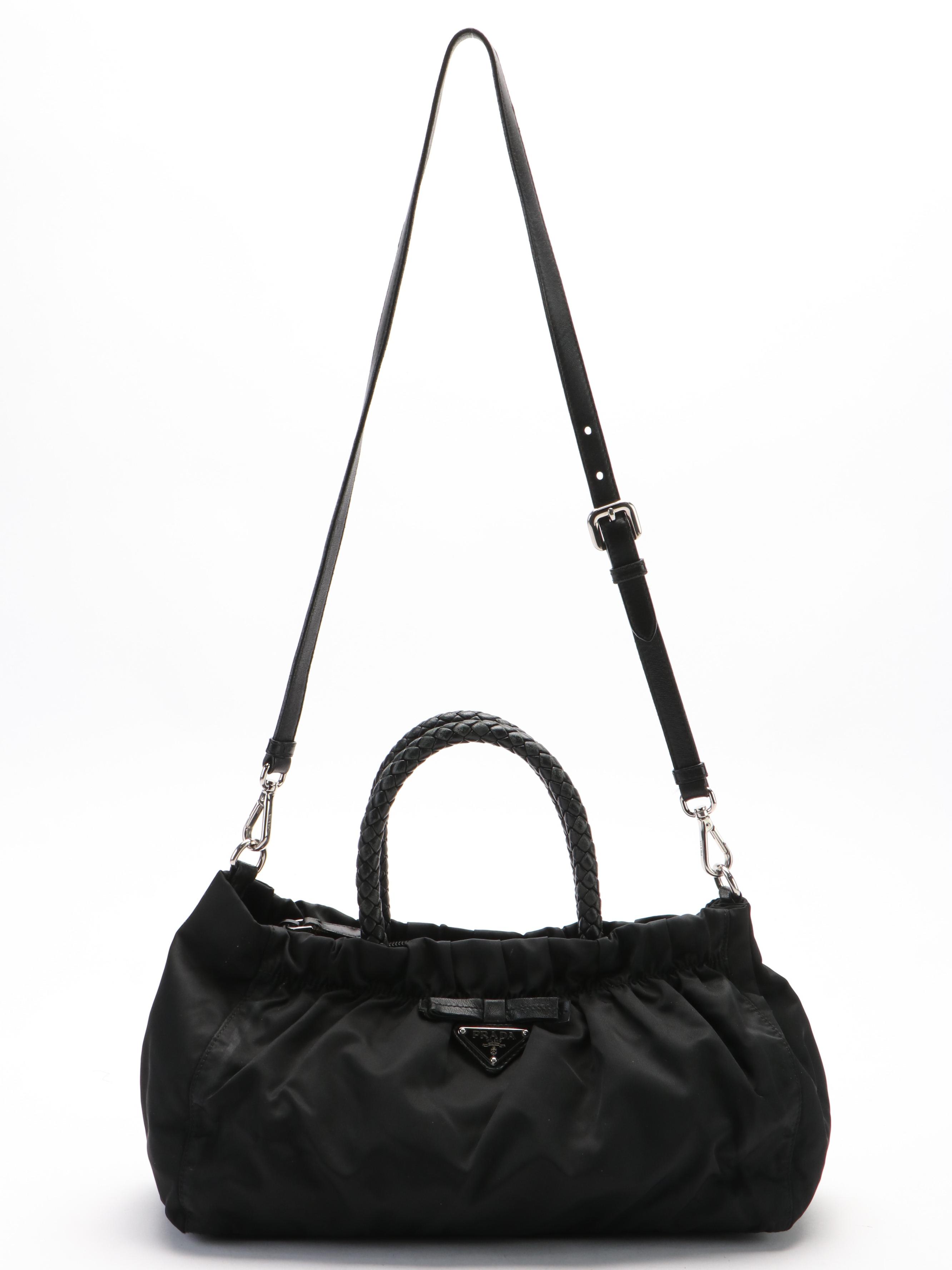 Prada Tessuto Two Way Handbag in Black Nylon with Leather Trim