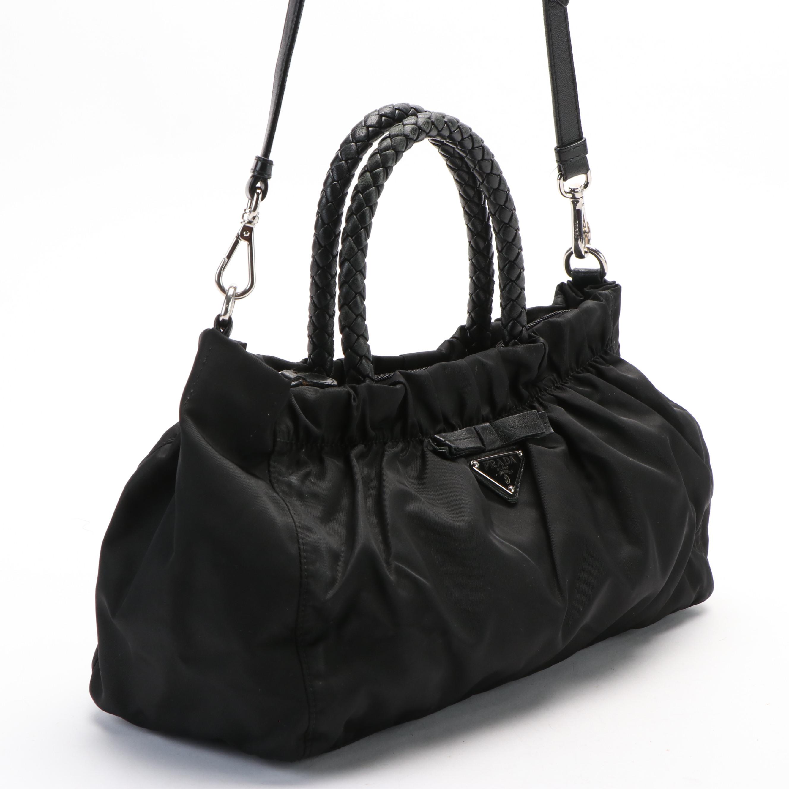 Prada Tessuto Two Way Handbag in Black Nylon with Leather Trim