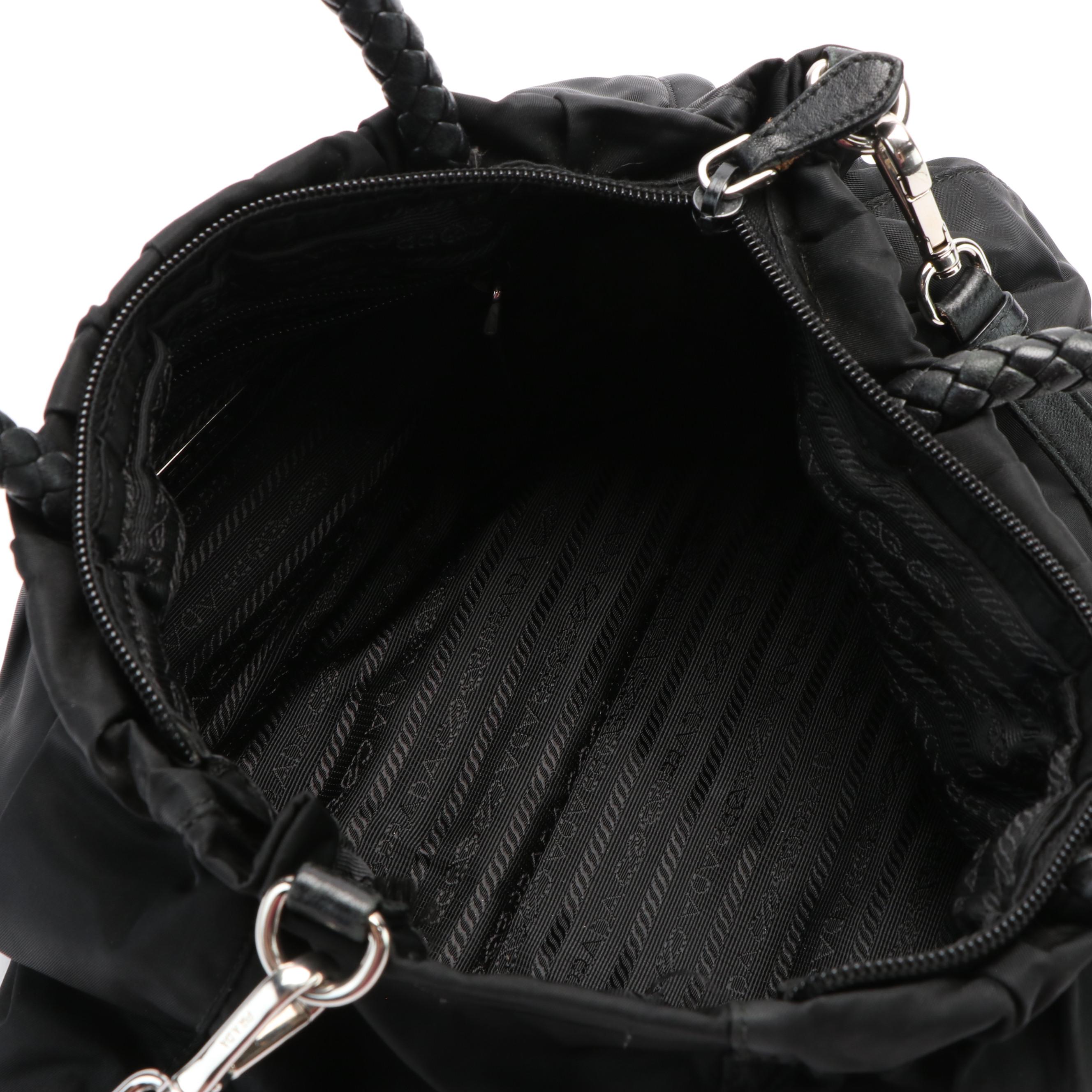 Prada Tessuto Two Way Handbag in Black Nylon with Leather Trim
