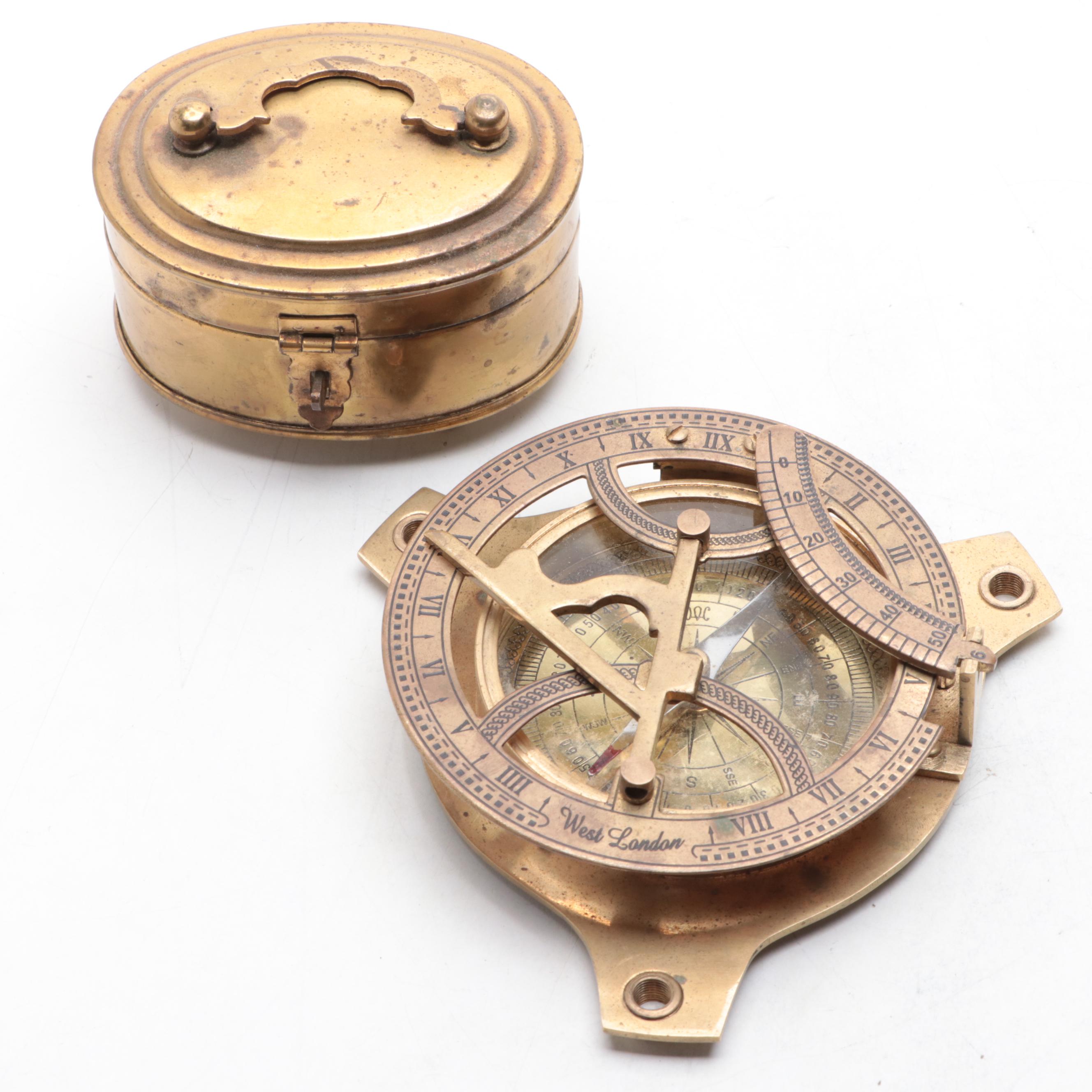 Brass Maritime Sundial Compass with Footed Brass Box