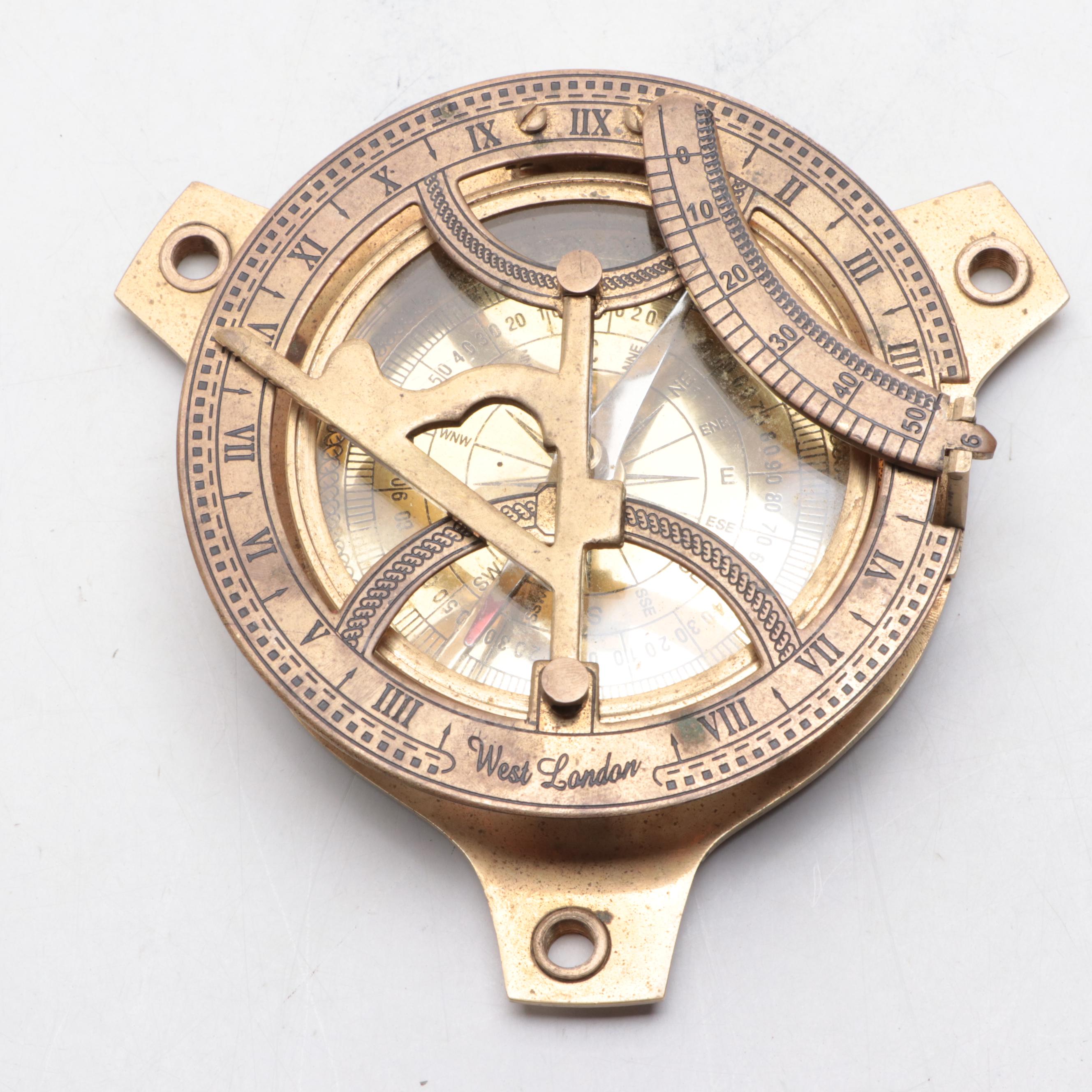 Brass Maritime Sundial Compass with Footed Brass Box