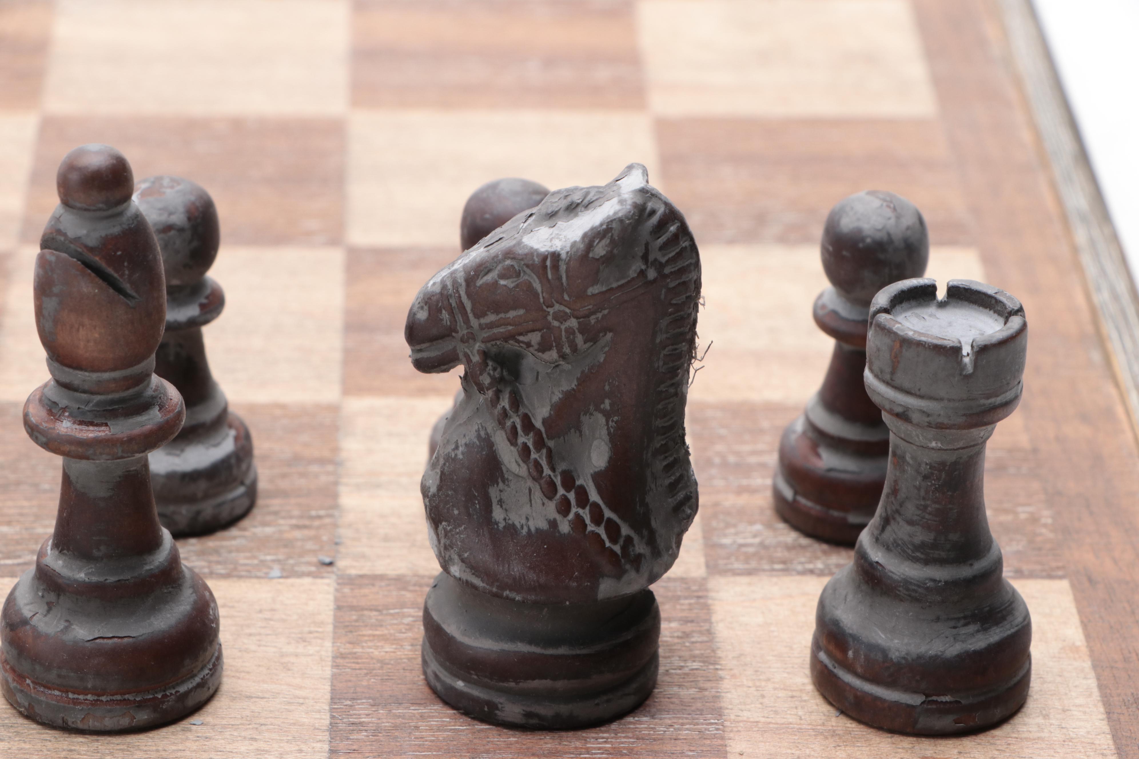 Chess Game Board and Chess Pieces with Intentionally Distressed Finish