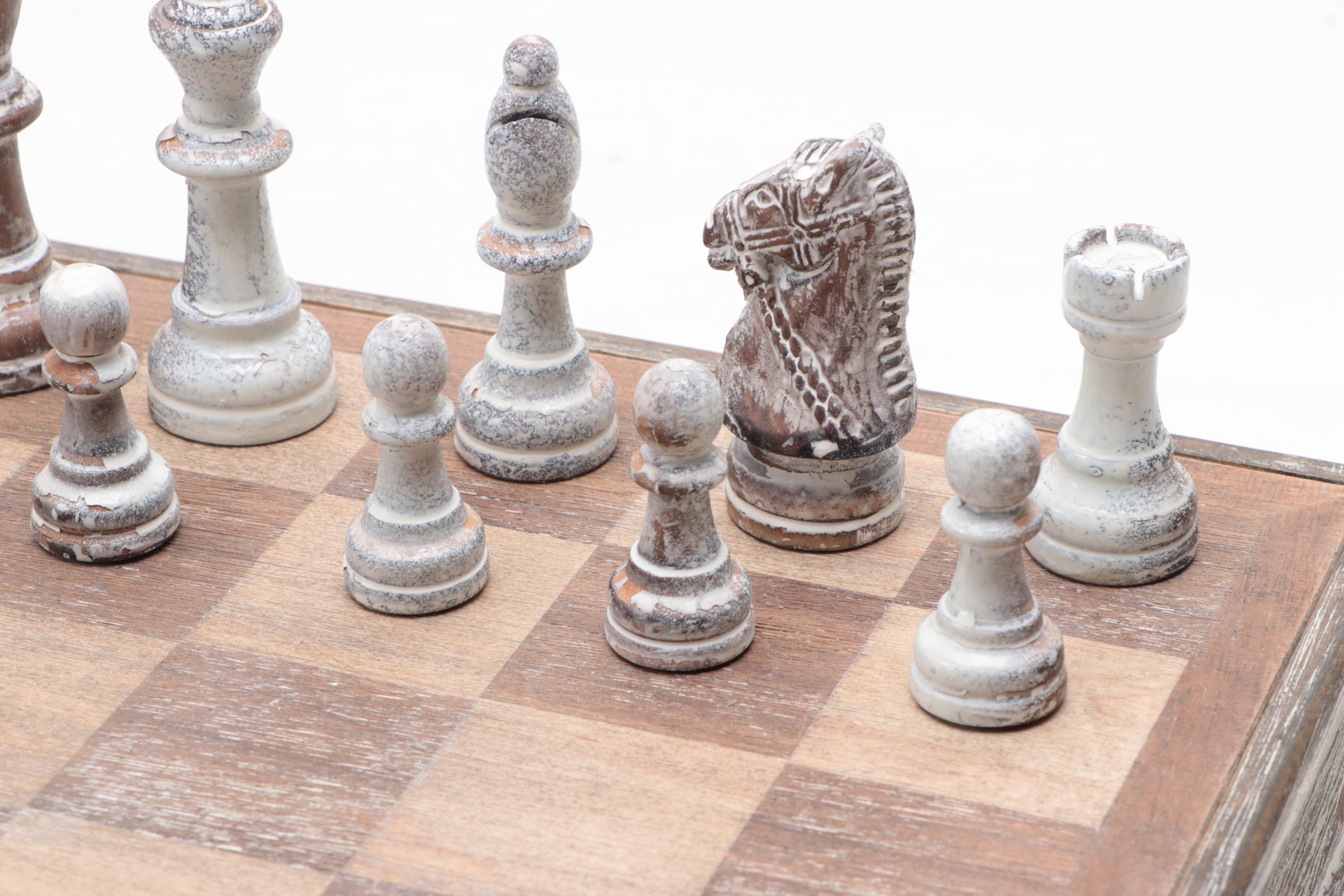 Chess Game Board and Chess Pieces with Intentionally Distressed Finish