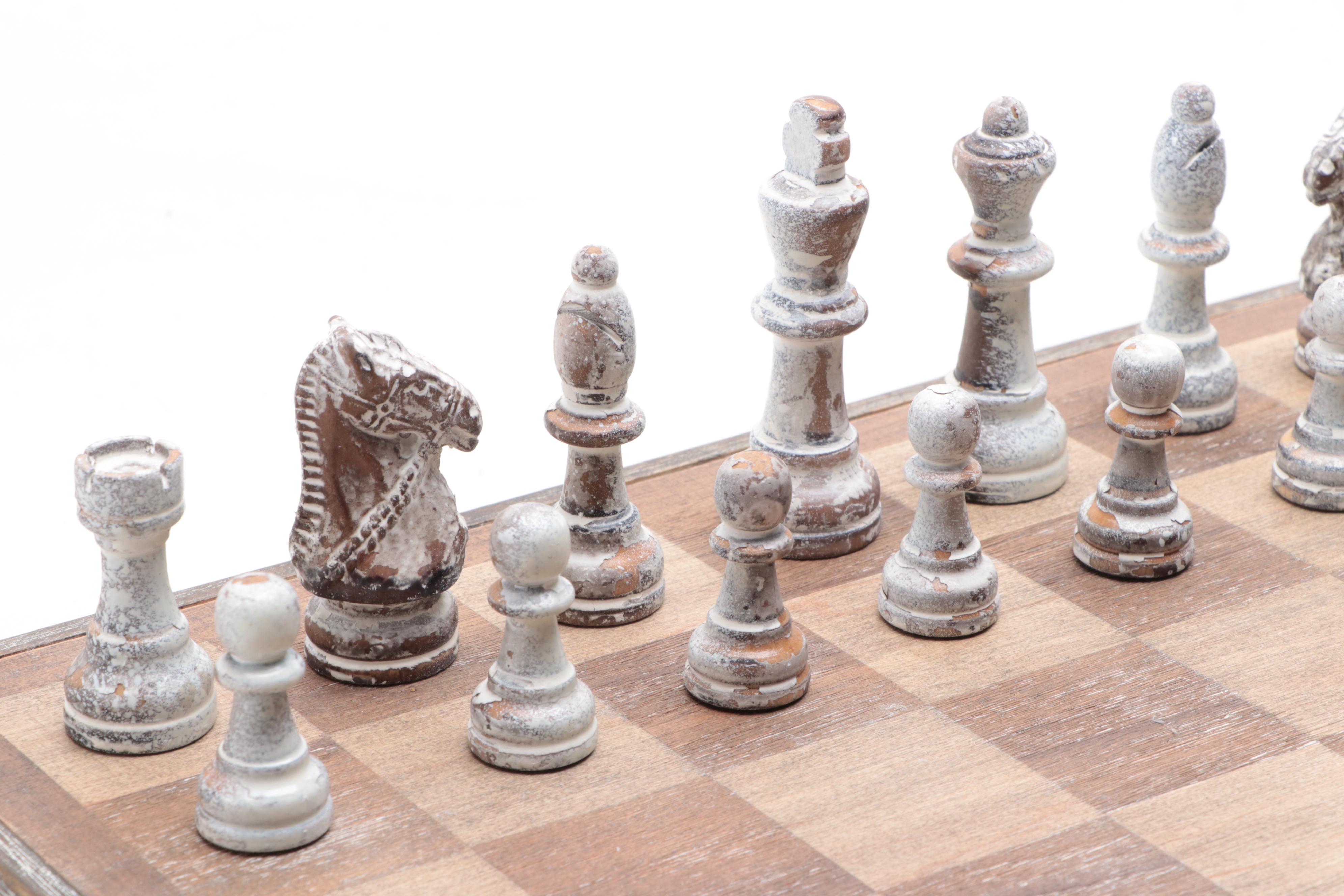 Chess Game Board and Chess Pieces with Intentionally Distressed Finish
