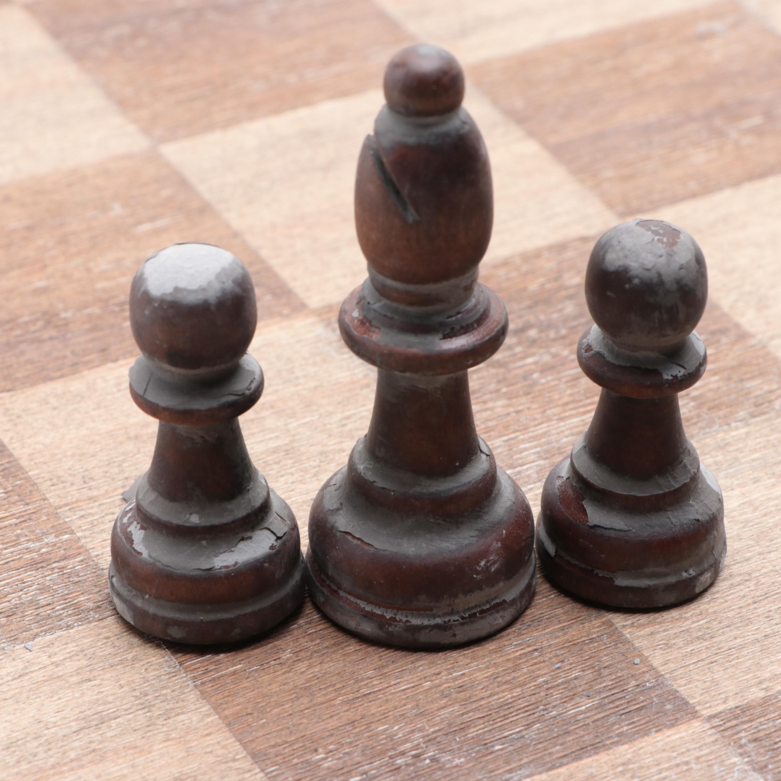 Chess Game Board and Chess Pieces with Intentionally Distressed Finish